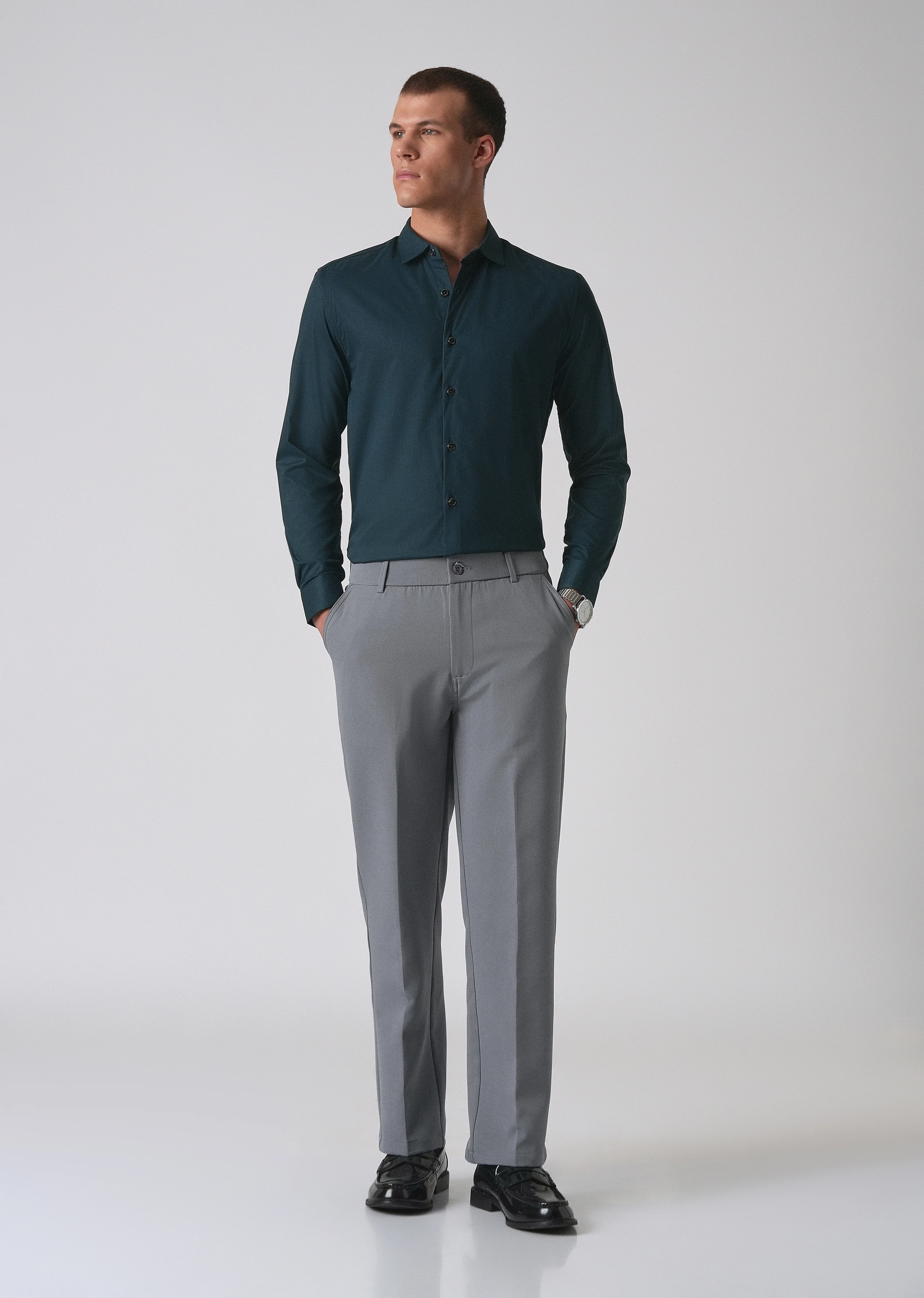 Teal Green Cotton Stretch Plain Shirt - Image 6