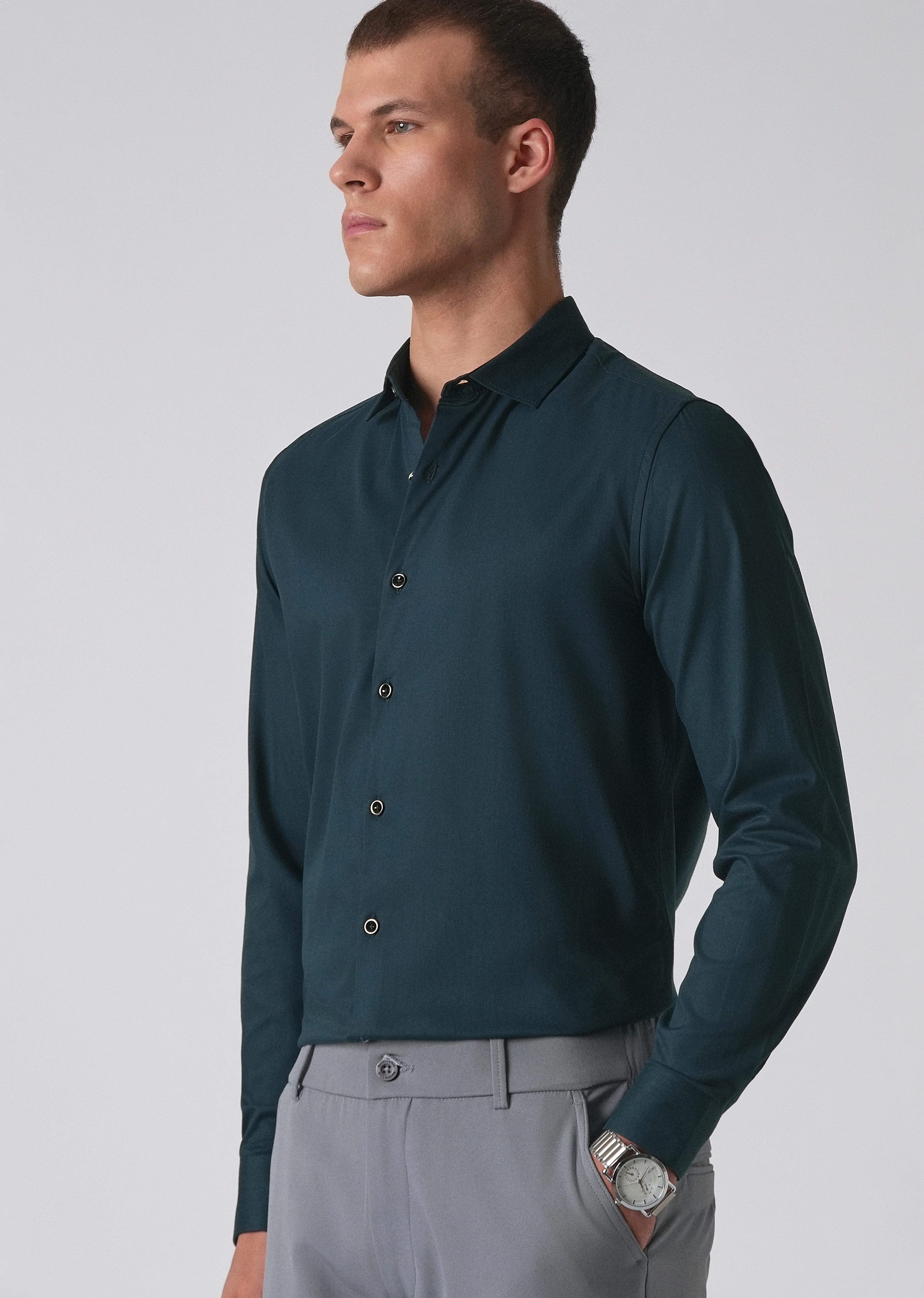 Teal Green Cotton Stretch Plain Shirt - Image 7
