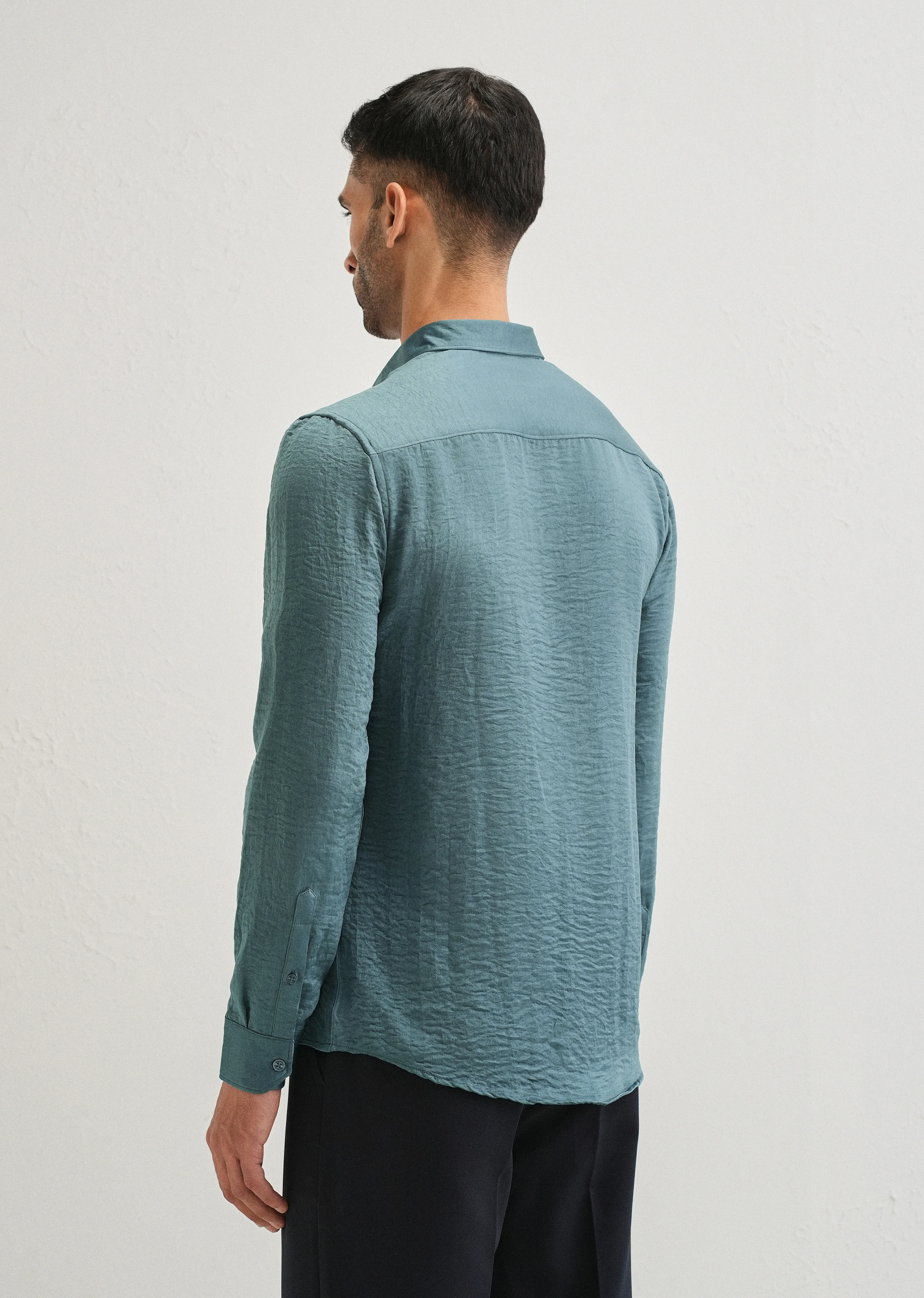 Teal Green Plain Crushed Satin Shirt - Image 2