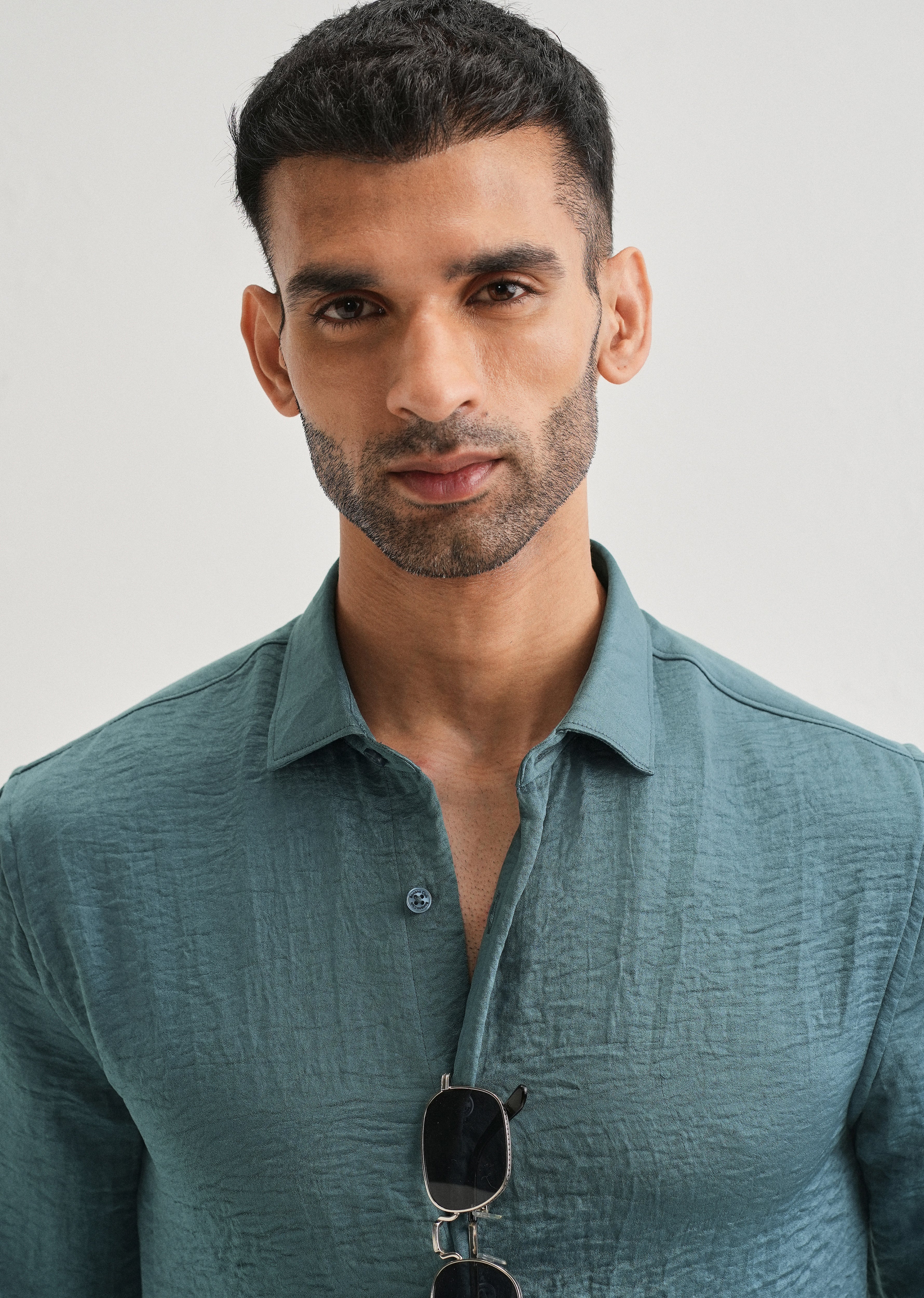 Teal Green Plain Crushed Satin Shirt - Image 5