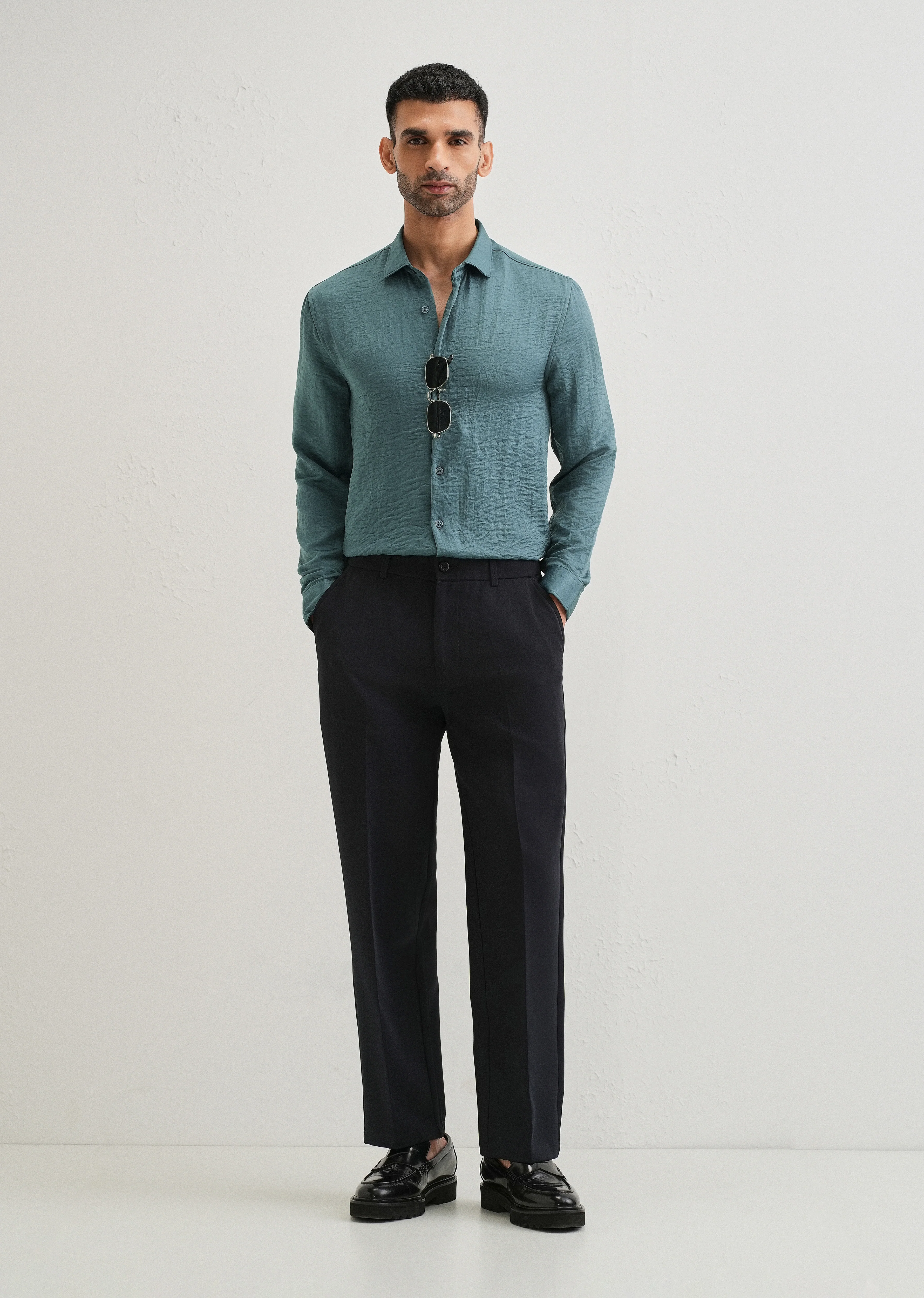 Teal Green Plain Crushed Satin Shirt - Image 6