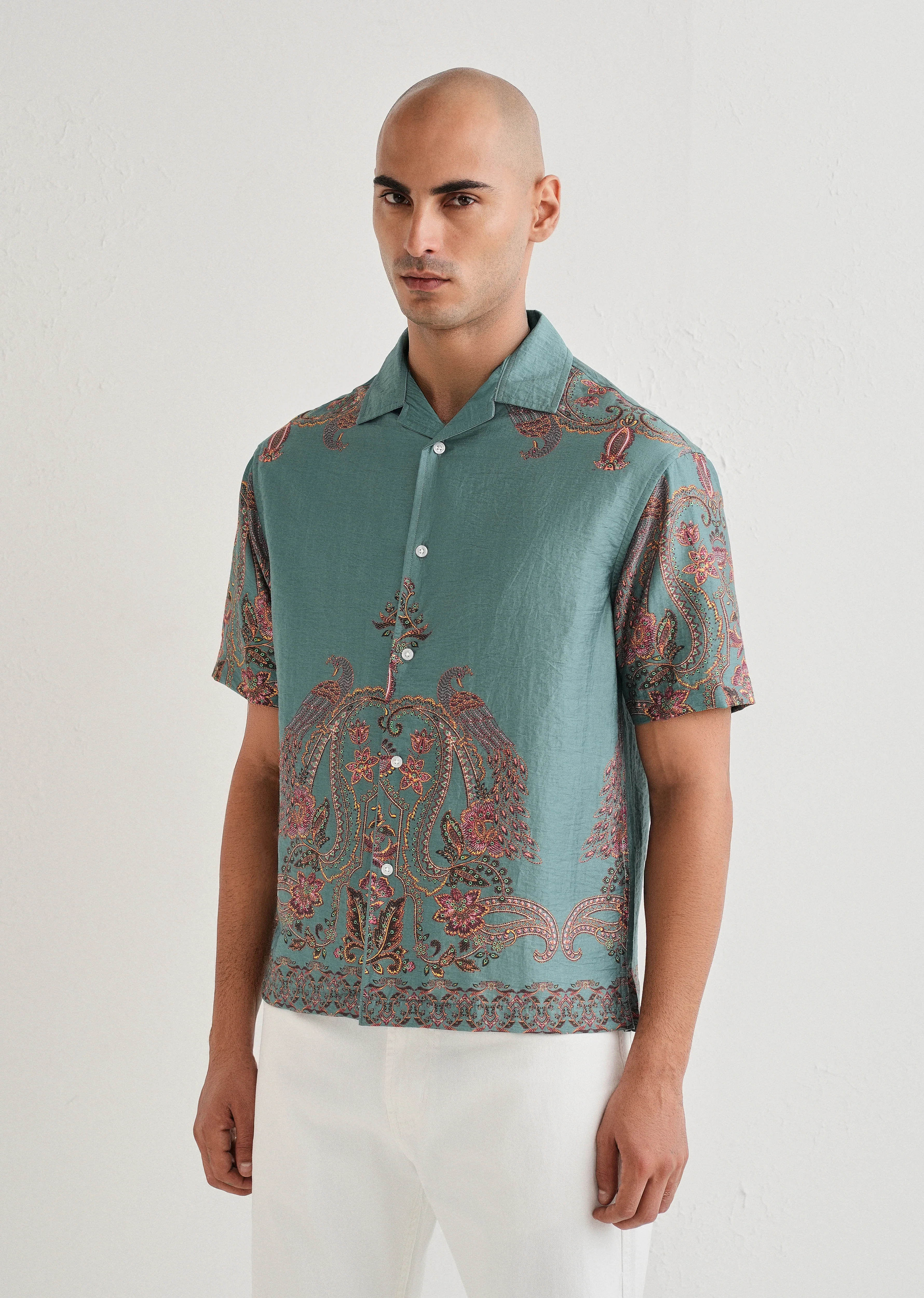 Teal Ornate Paisley Printed Shirt - Image 4