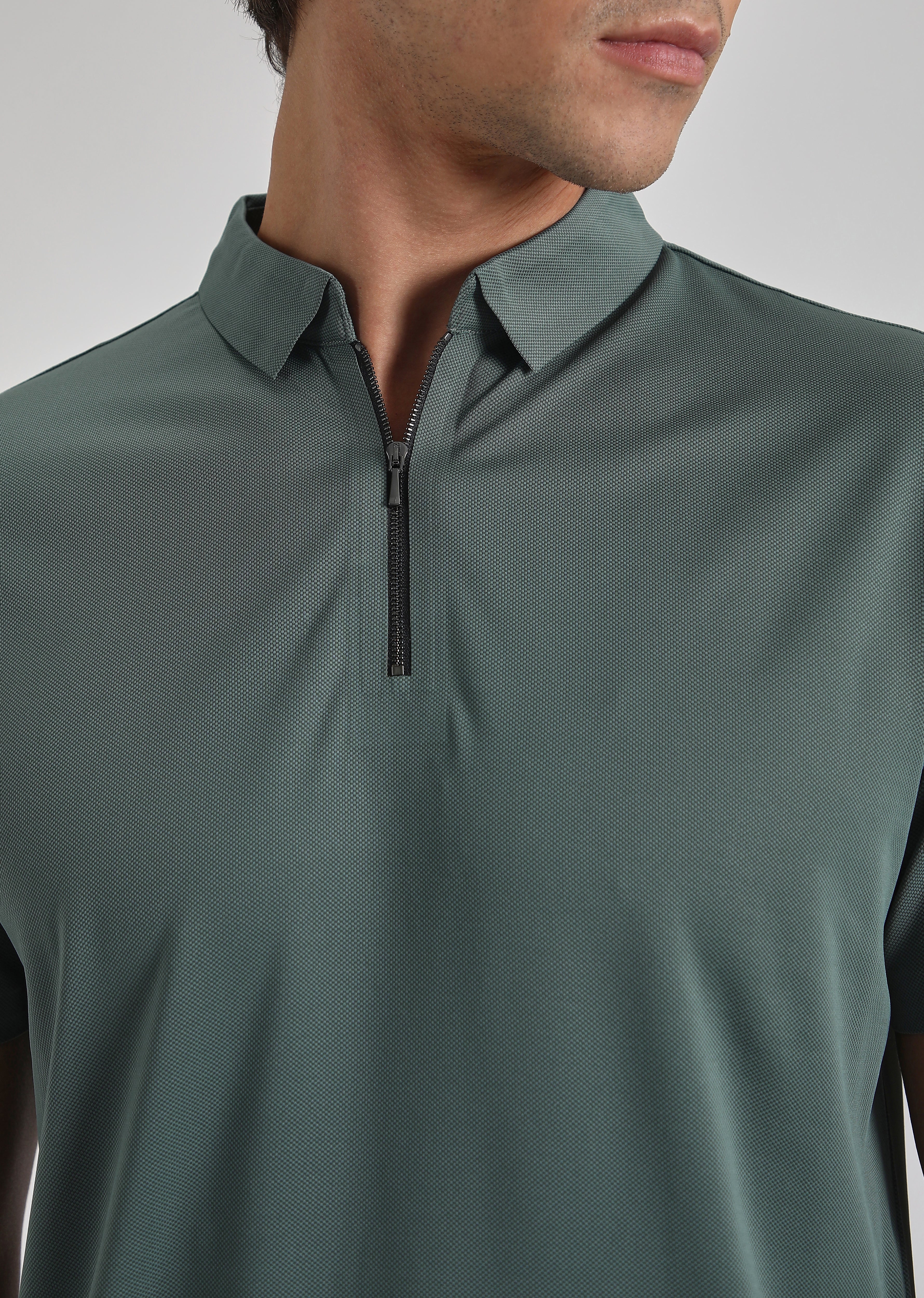 Teal Plain Zipper Stitchless Polo T-shirt - Image 2