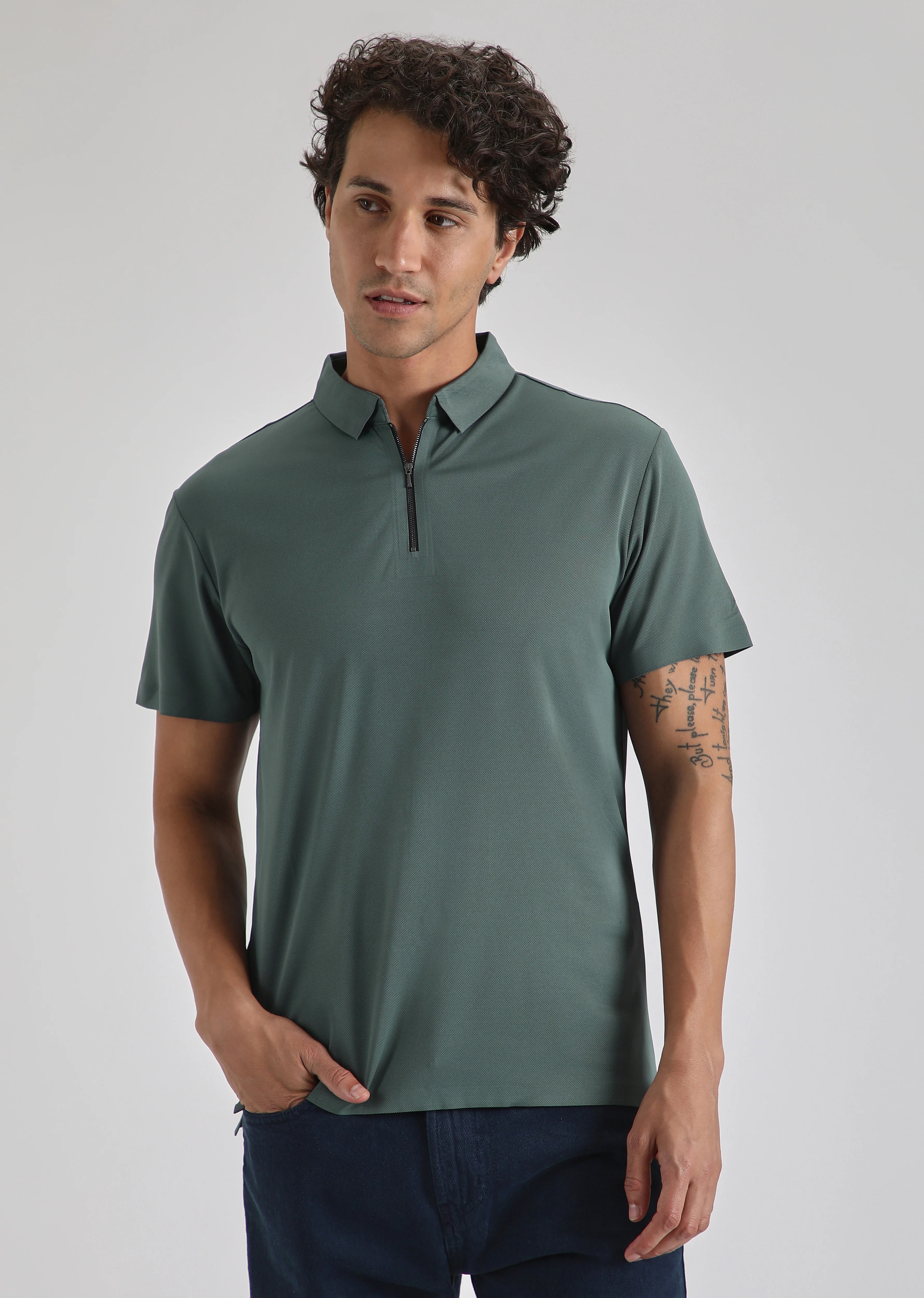 Teal Plain Zipper Stitchless Polo T-shirt - Image 3