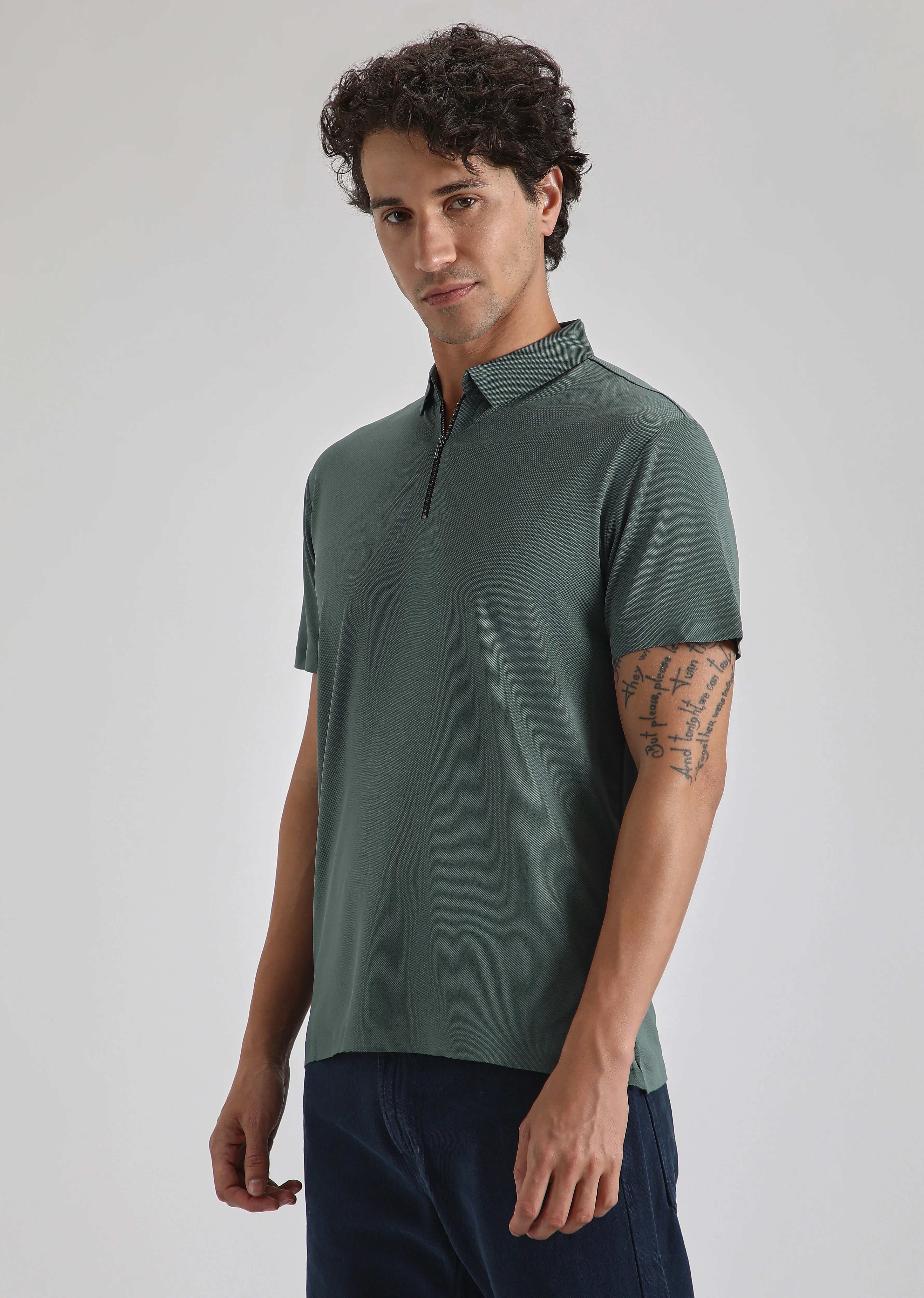 Teal Plain Zipper Stitchless Polo T-shirt - Image 5