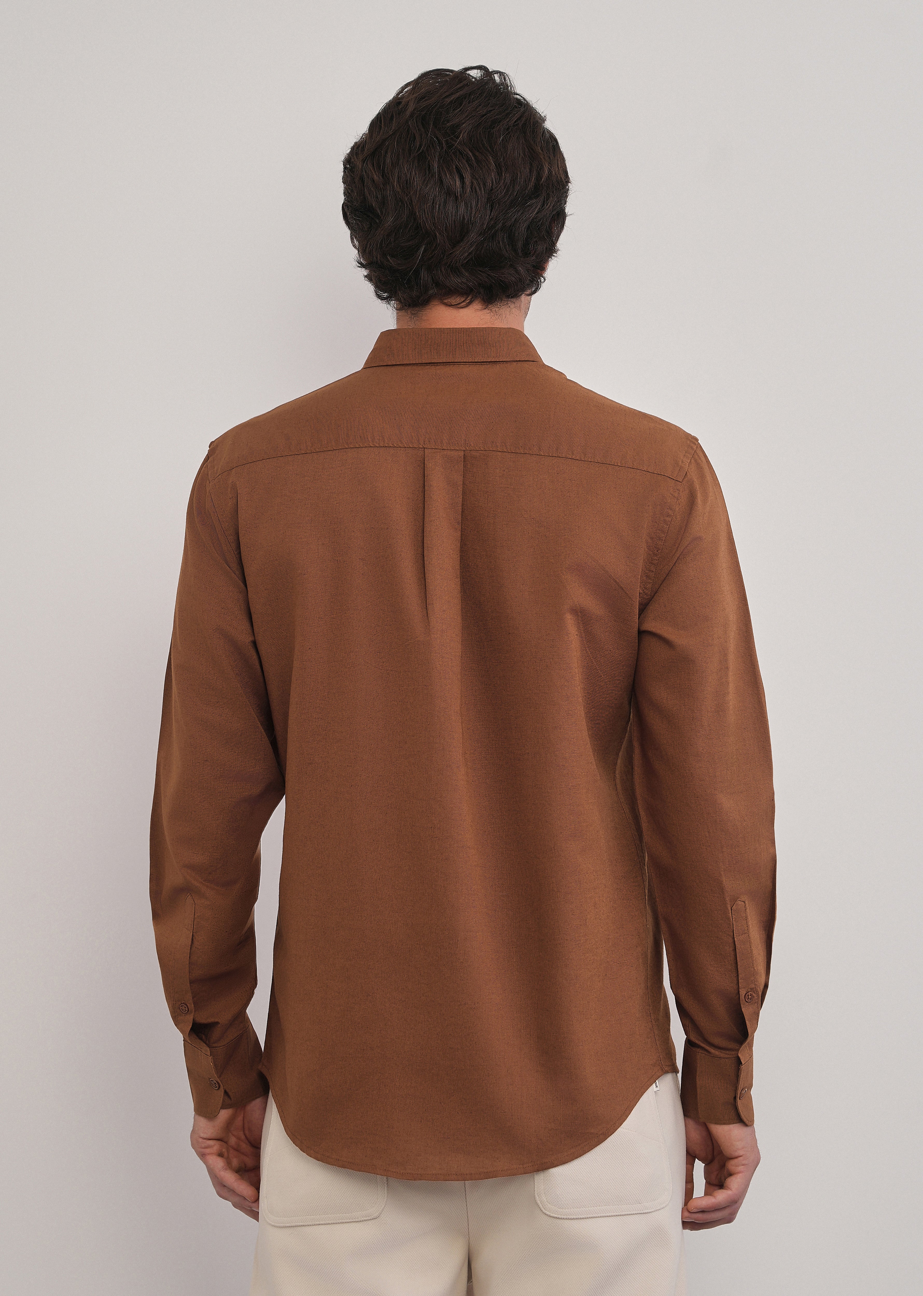 Terracotta Brown Cotton Linen Plain Shirt - Image 2