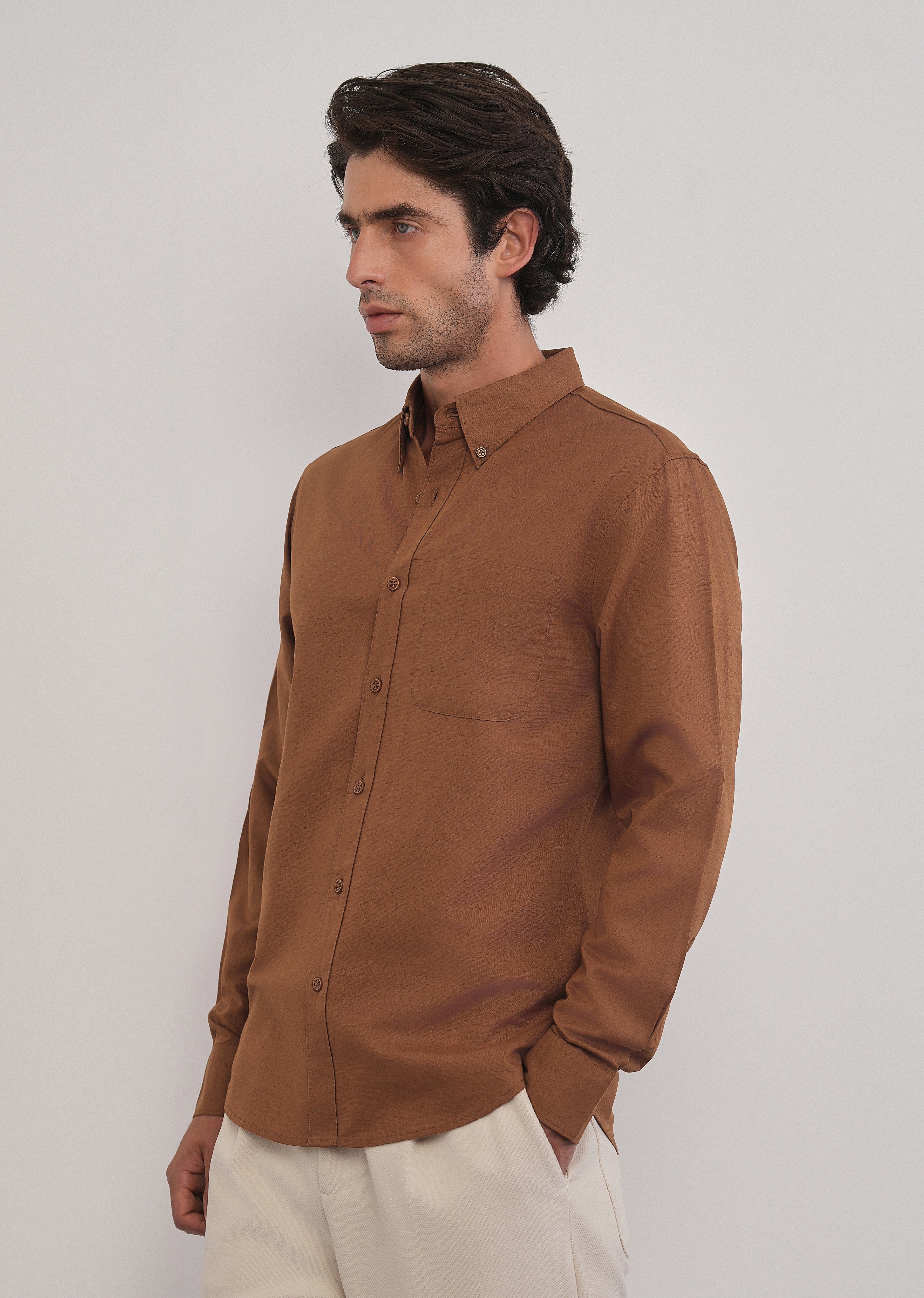 Terracotta Brown Cotton Linen Plain Shirt - Image 4