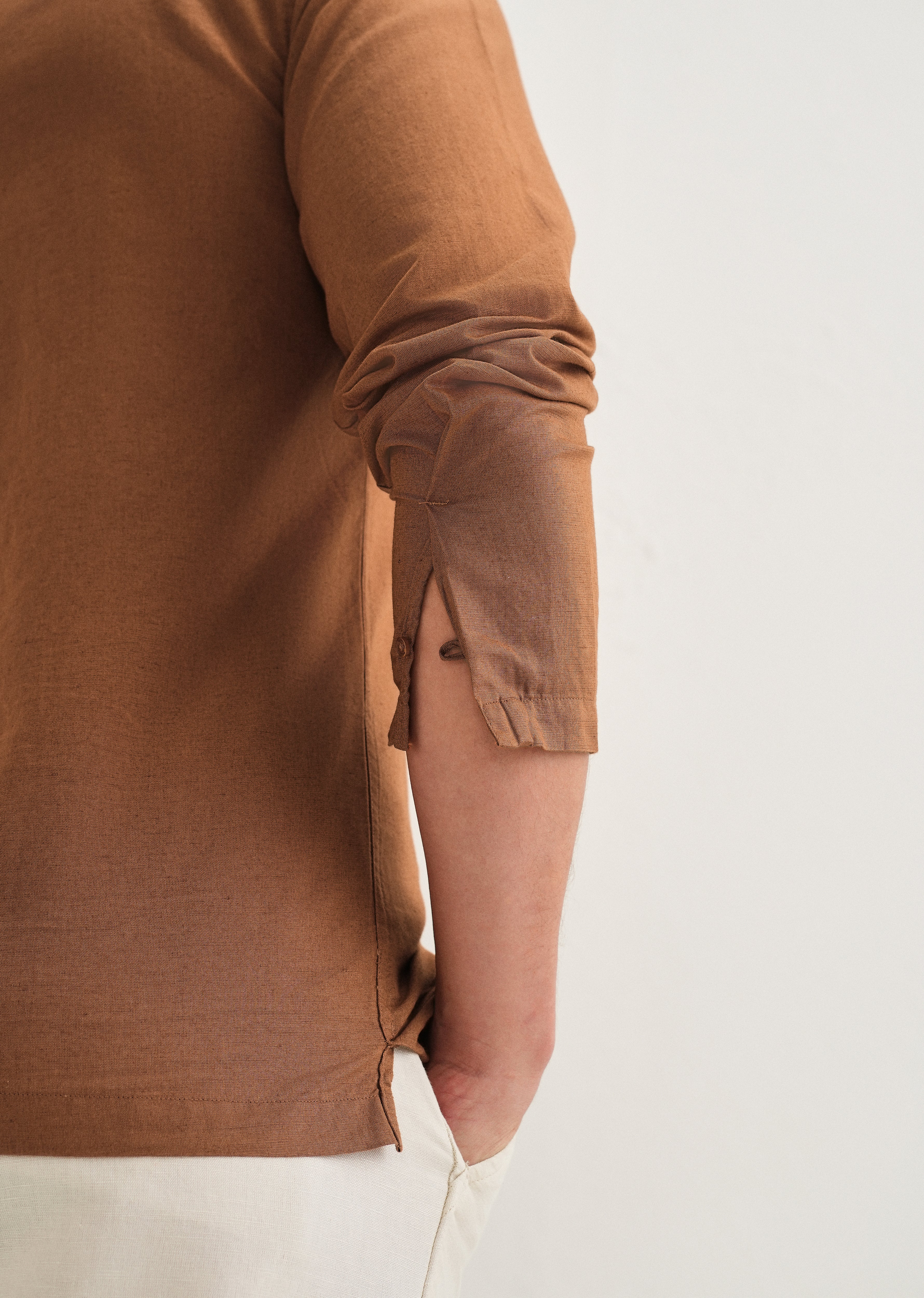 Terracotta Brown Hidden Sleeve Placket Cotton Linen Shirt - Image 3