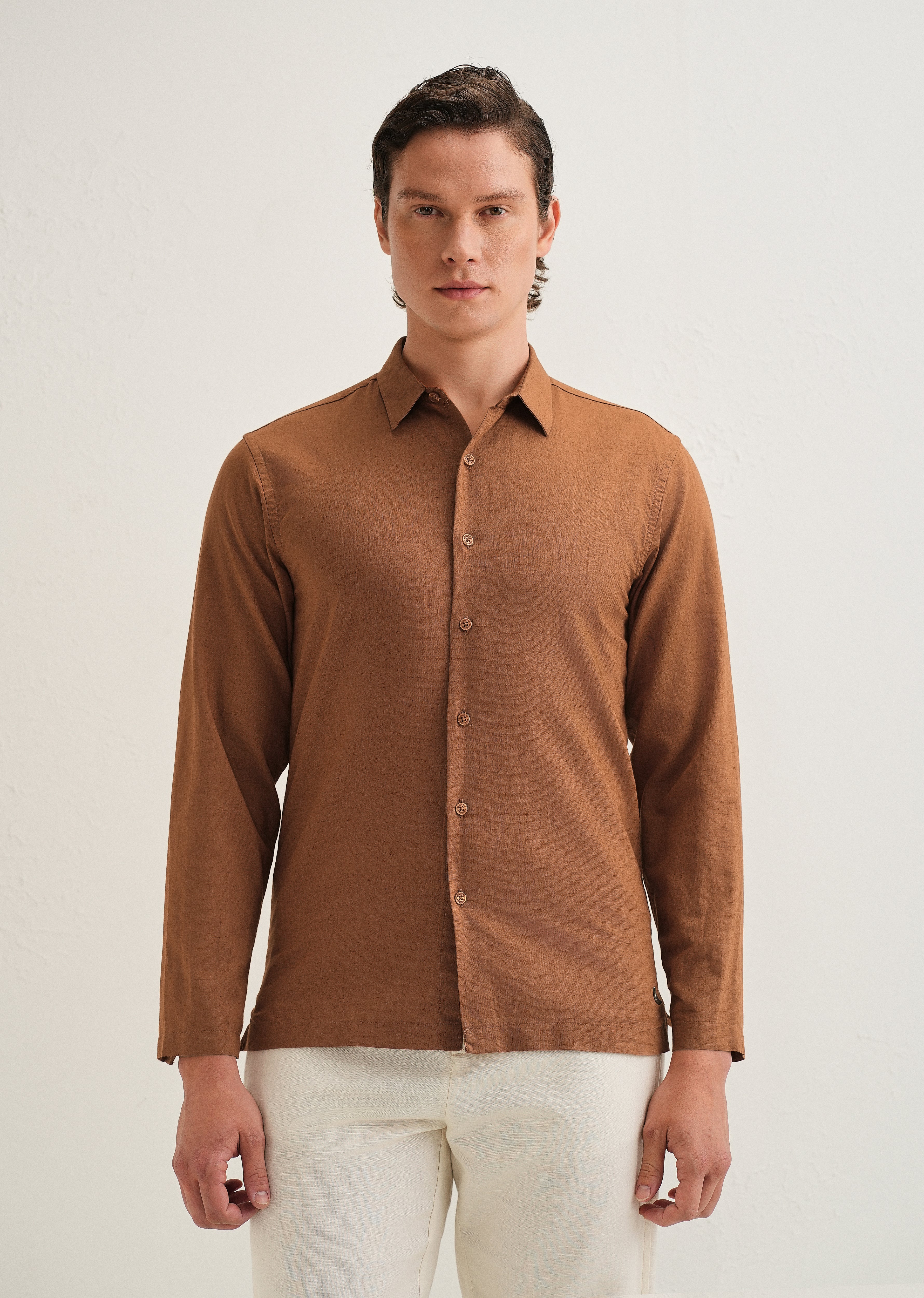 Terracotta Brown Hidden Sleeve Placket Cotton Linen Shirt - Image 4