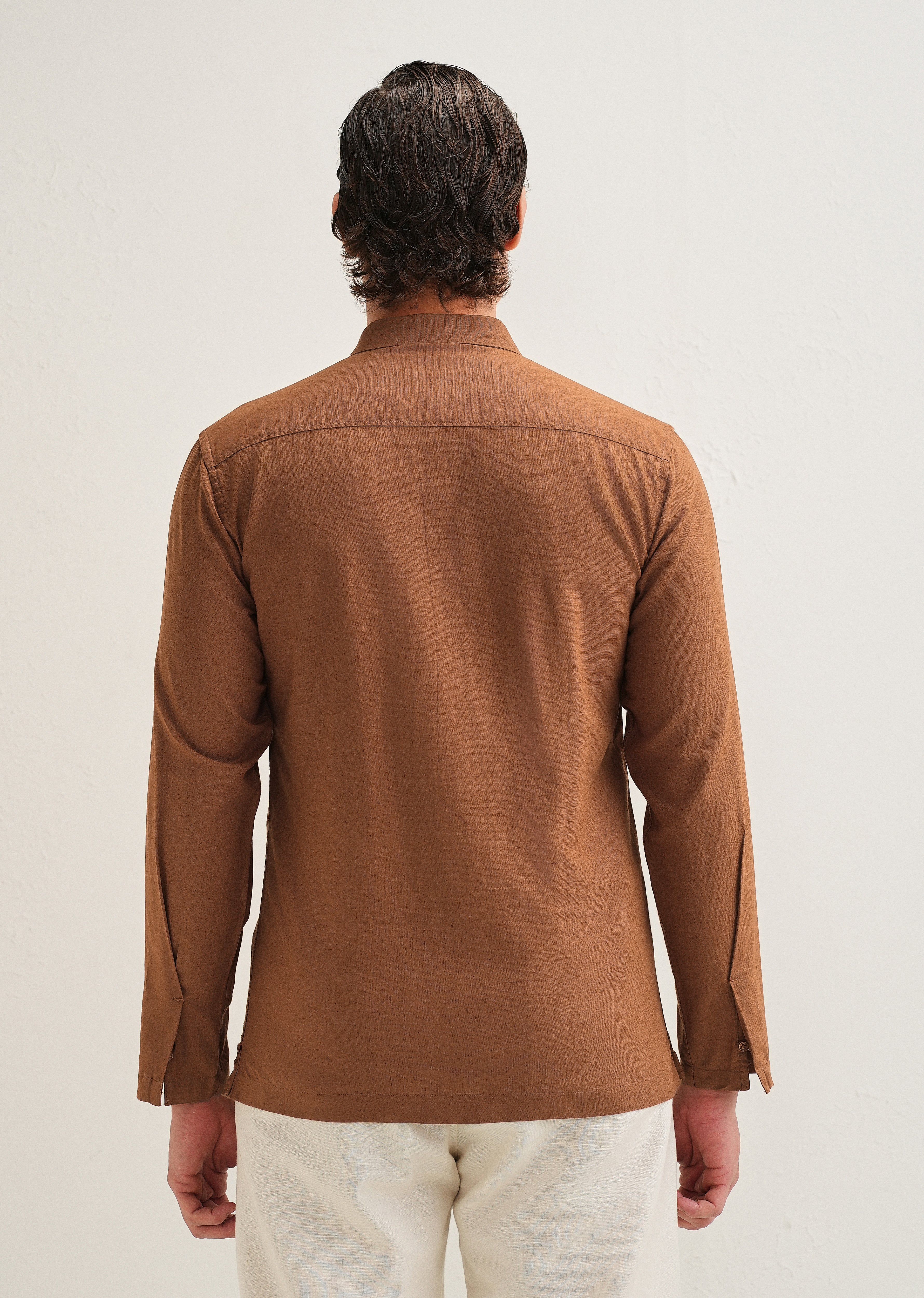 Terracotta Brown Hidden Sleeve Placket Cotton Linen Shirt - Image 5
