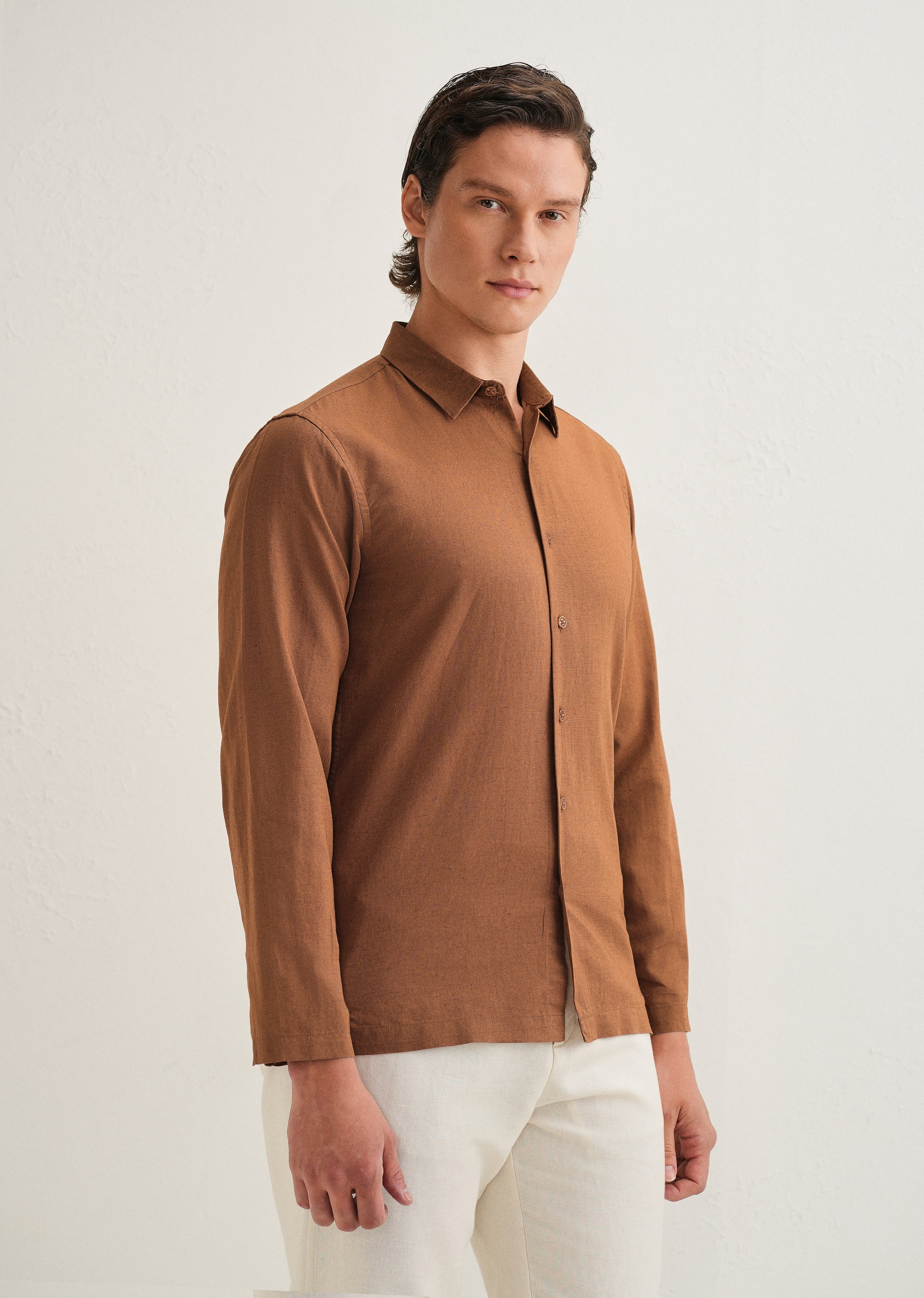 Terracotta Brown Hidden Sleeve Placket Cotton Linen Shirt - Image 6
