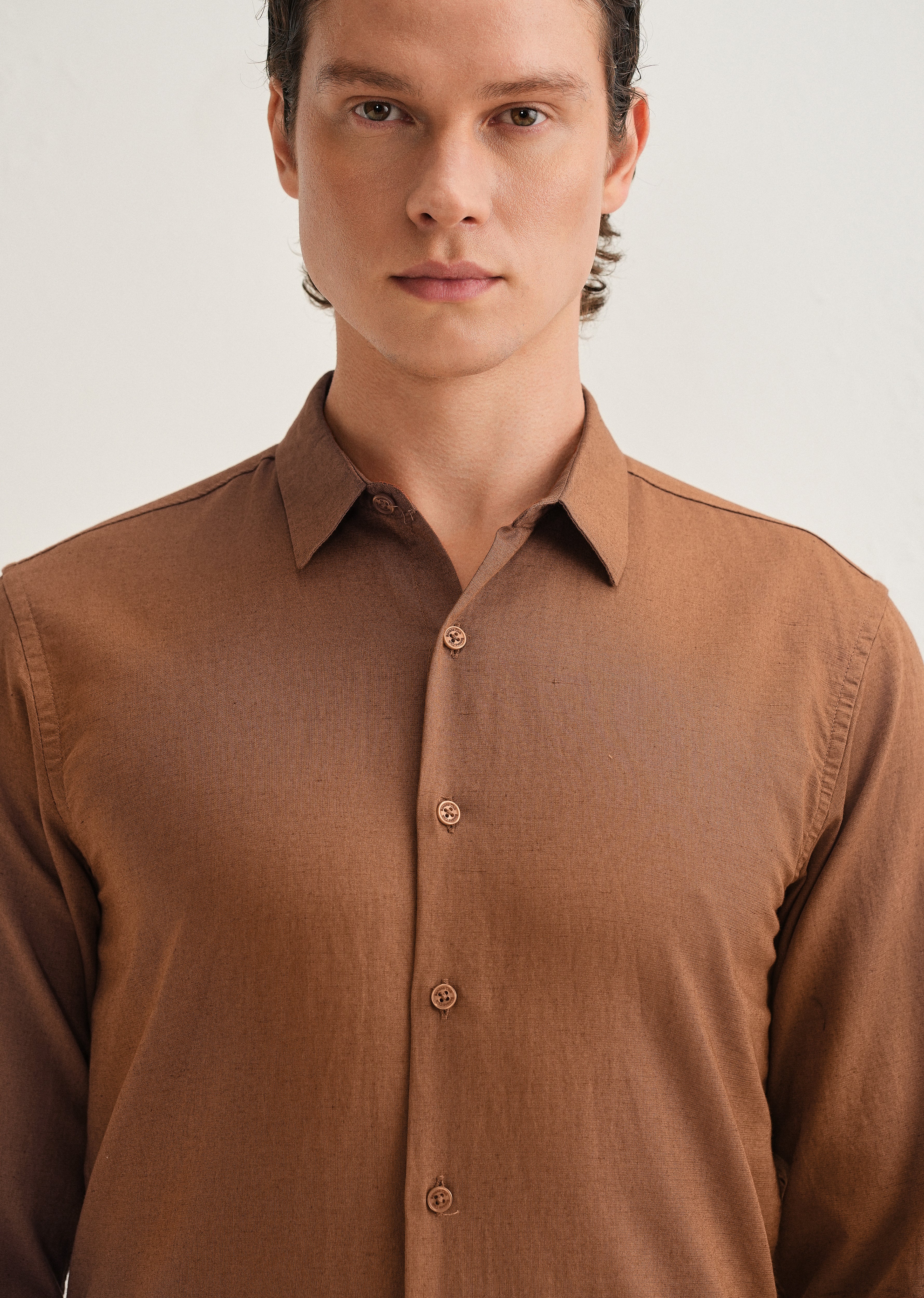 Terracotta Brown Hidden Sleeve Placket Cotton Linen Shirt - Image 7