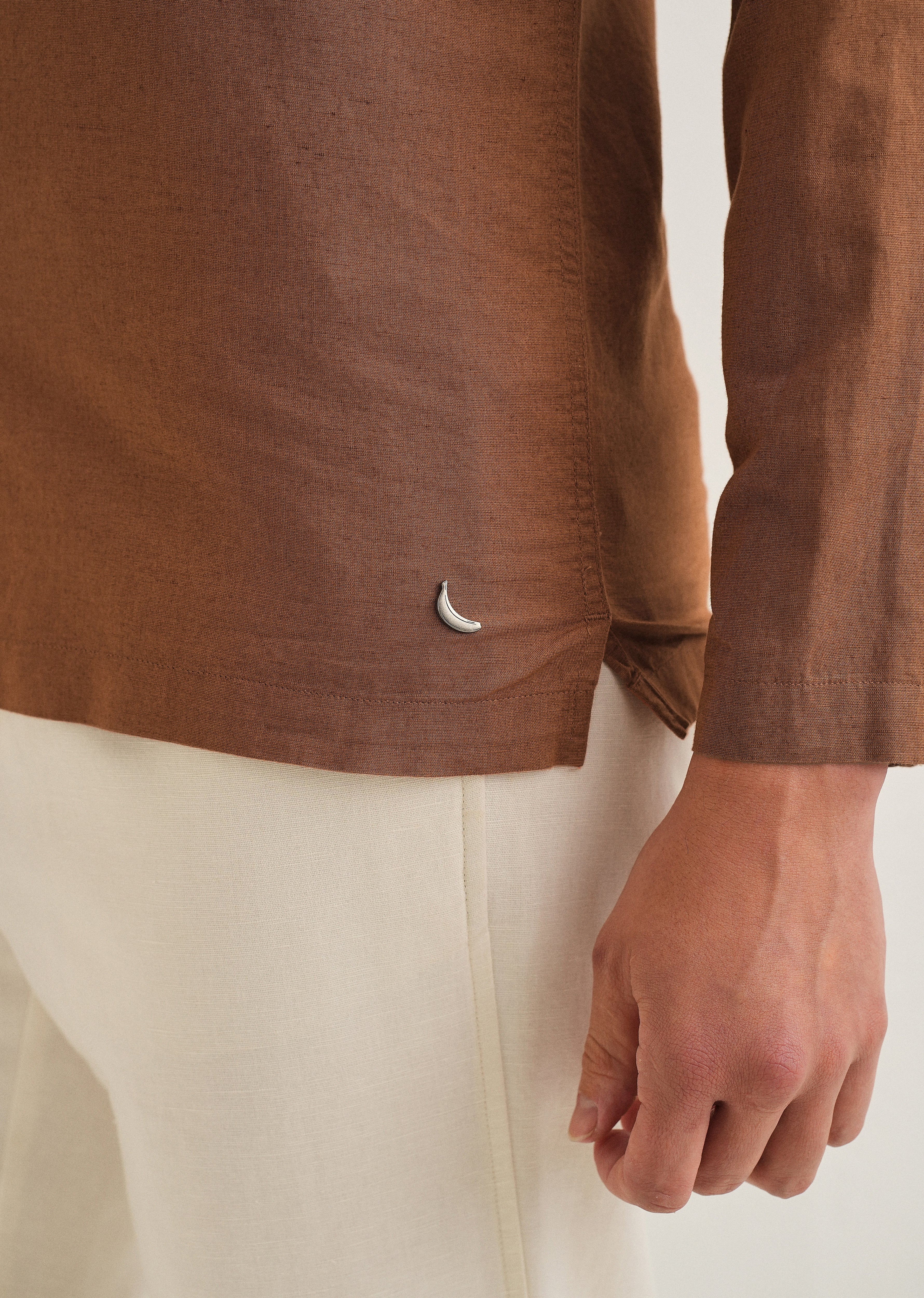 Terracotta Brown Hidden Sleeve Placket Cotton Linen Shirt - Image 8