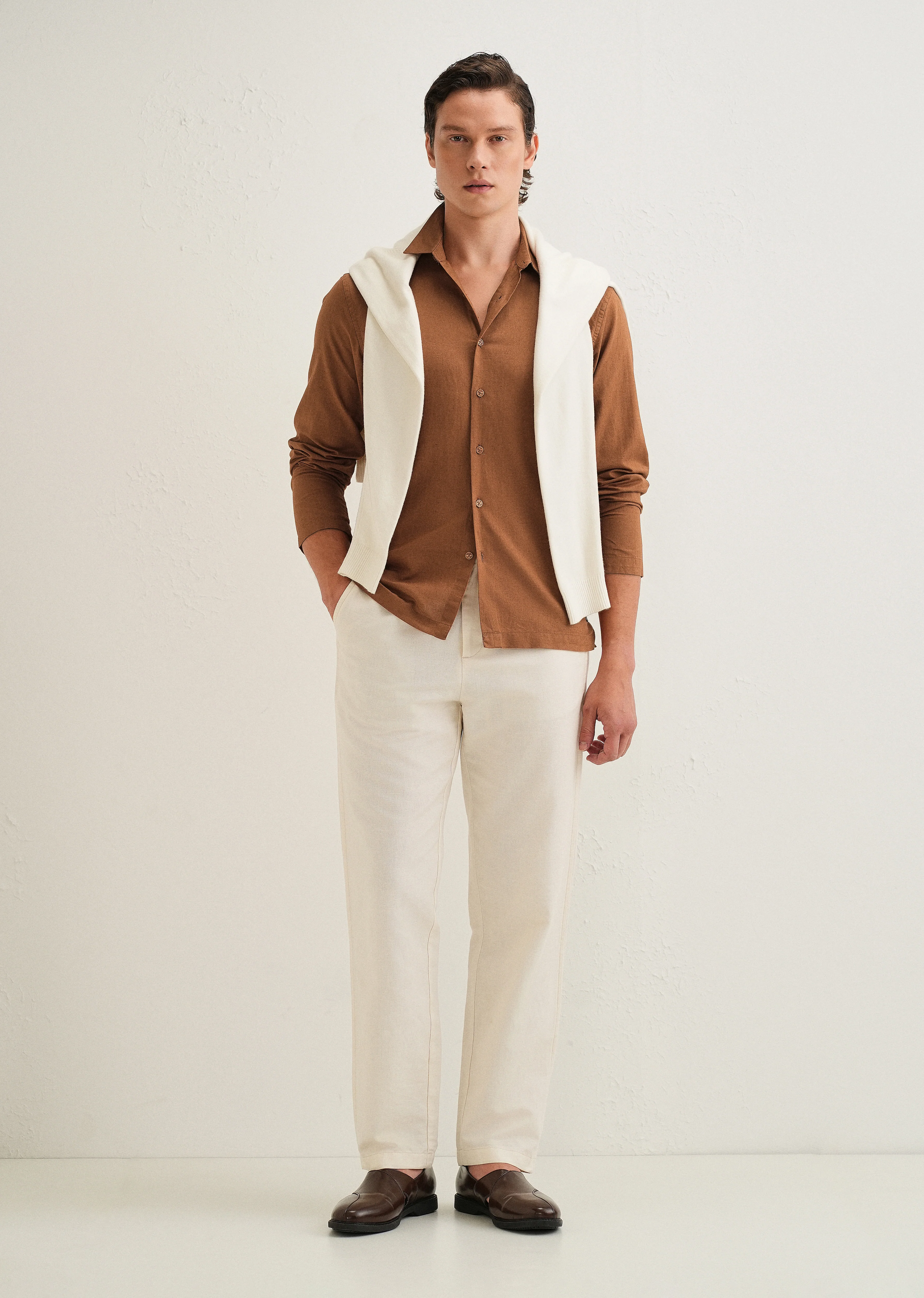 Terracotta Brown Hidden Sleeve Placket Cotton Linen Shirt - Image 9