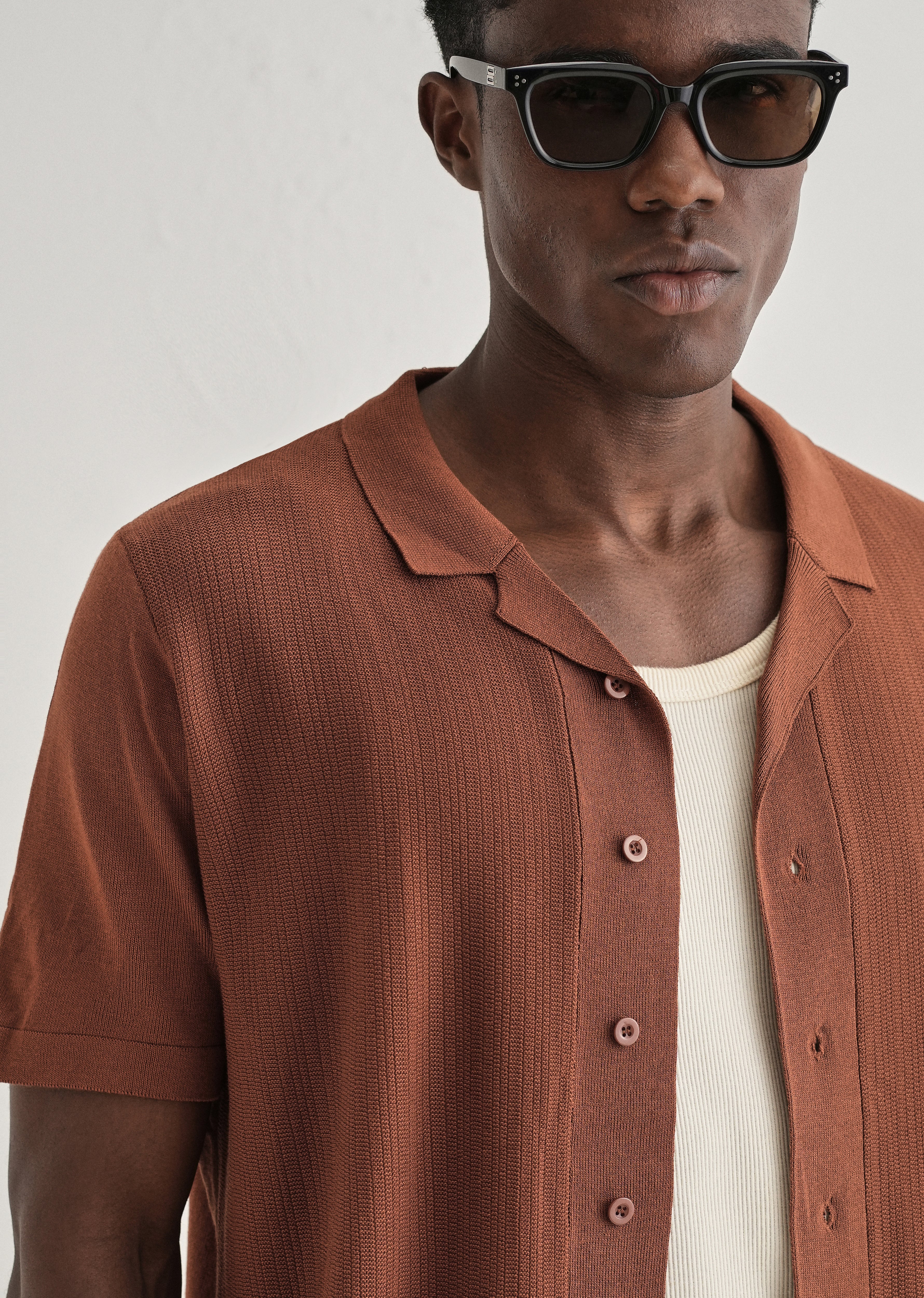 Terracotta Cuban Collar Knitted Shirt - Image 5