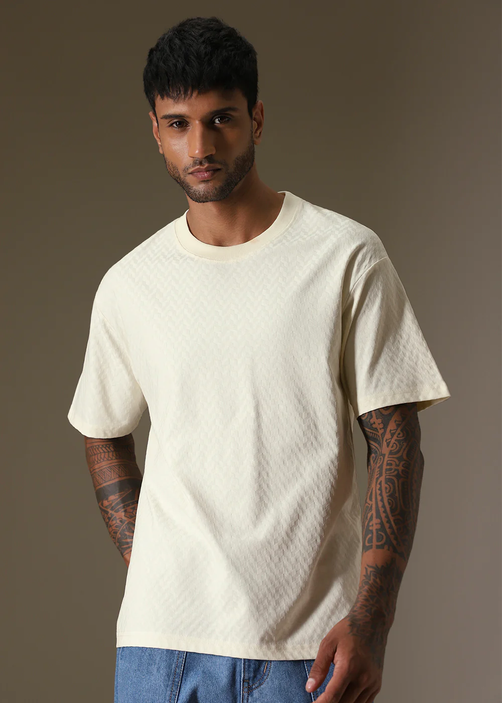 Textured Off White Plain Oversized T-shirt - Image 3
