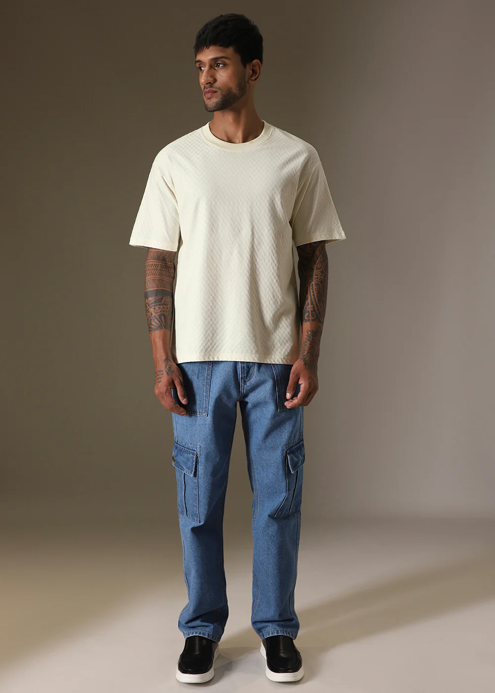 Textured Off White Plain Oversized T-shirt - Image 9