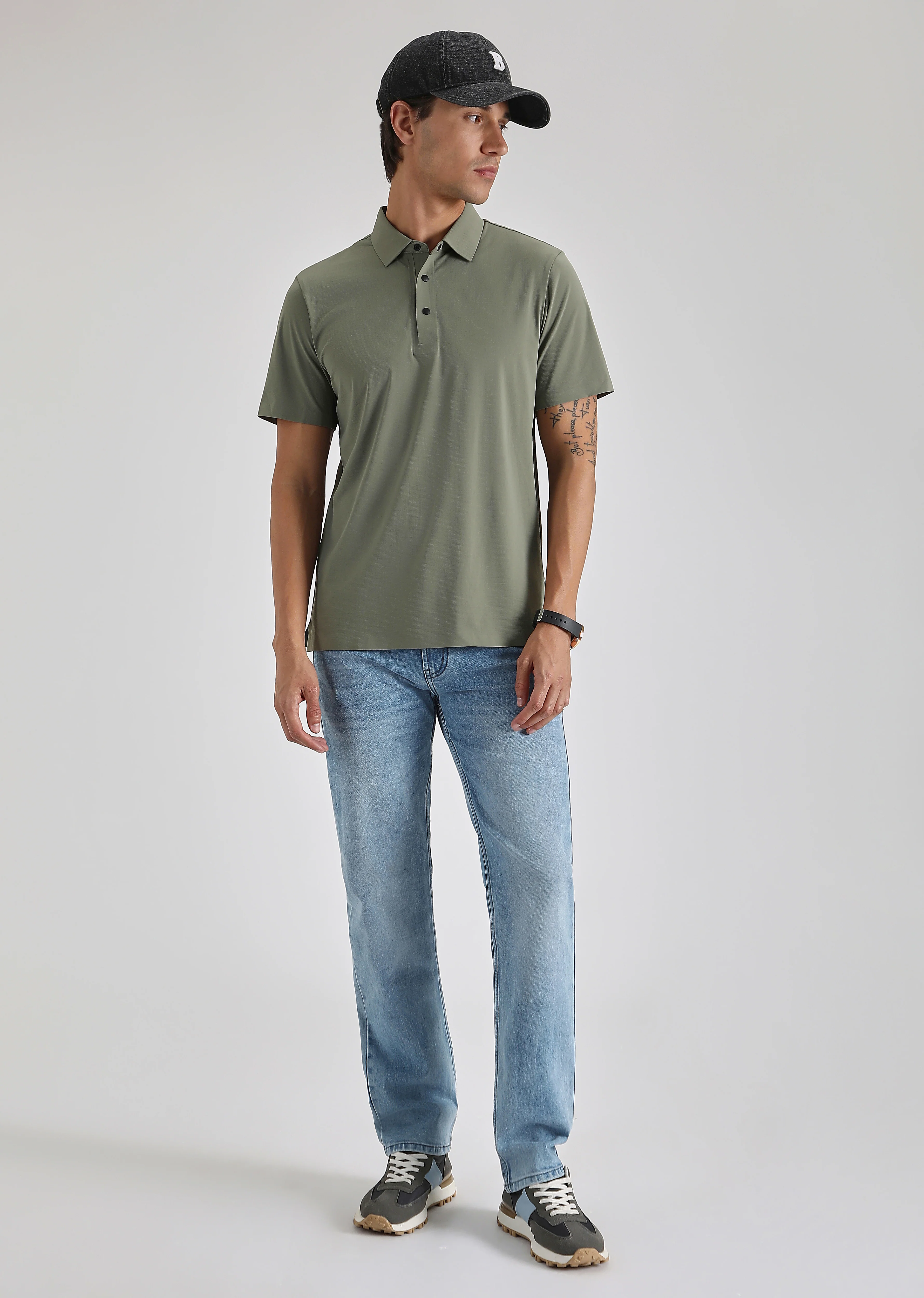 Textured Olive Plain Stitchless Polo T-shirt - Image 6
