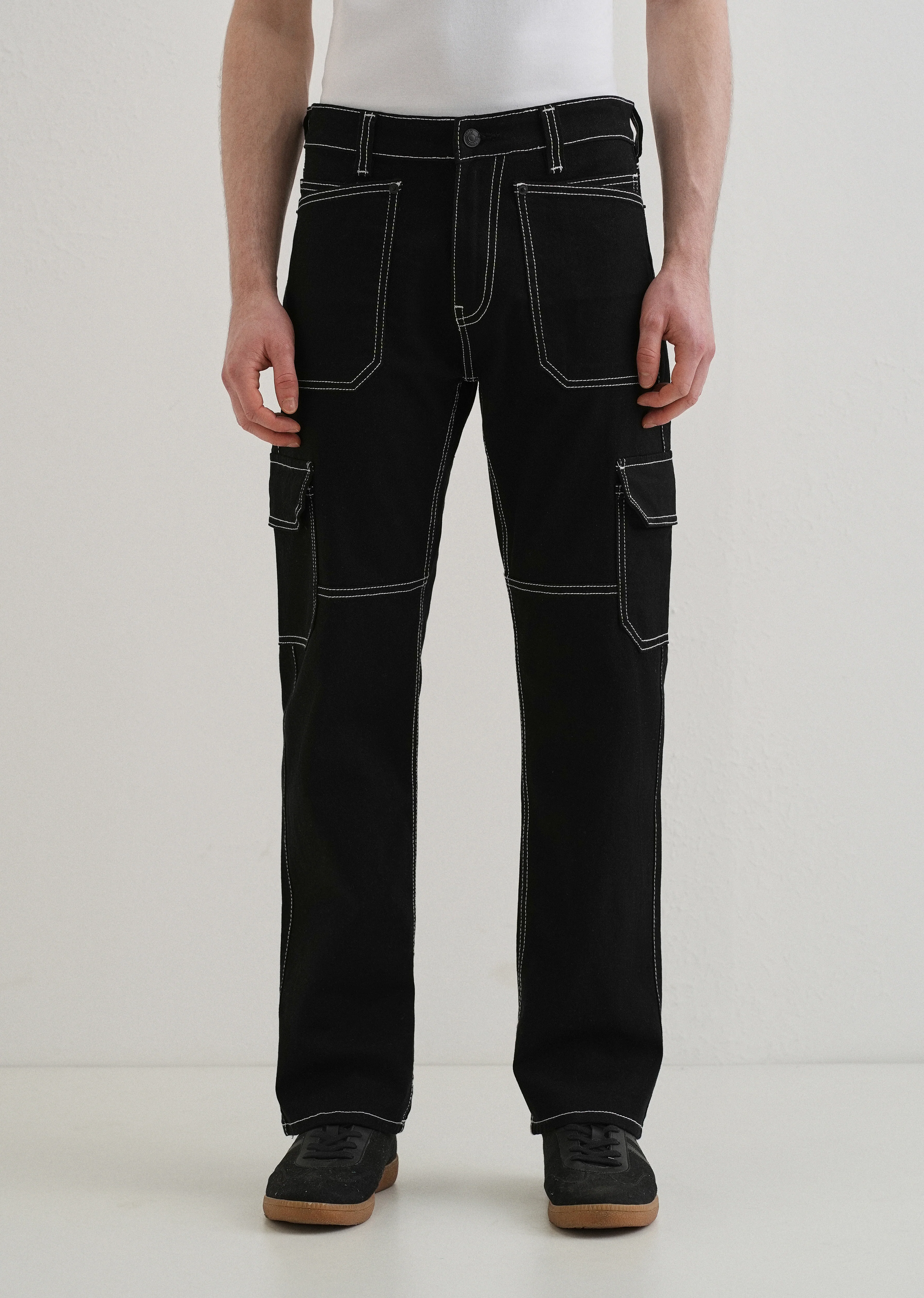 Top Stitched Black Denim Cargo - Image 3