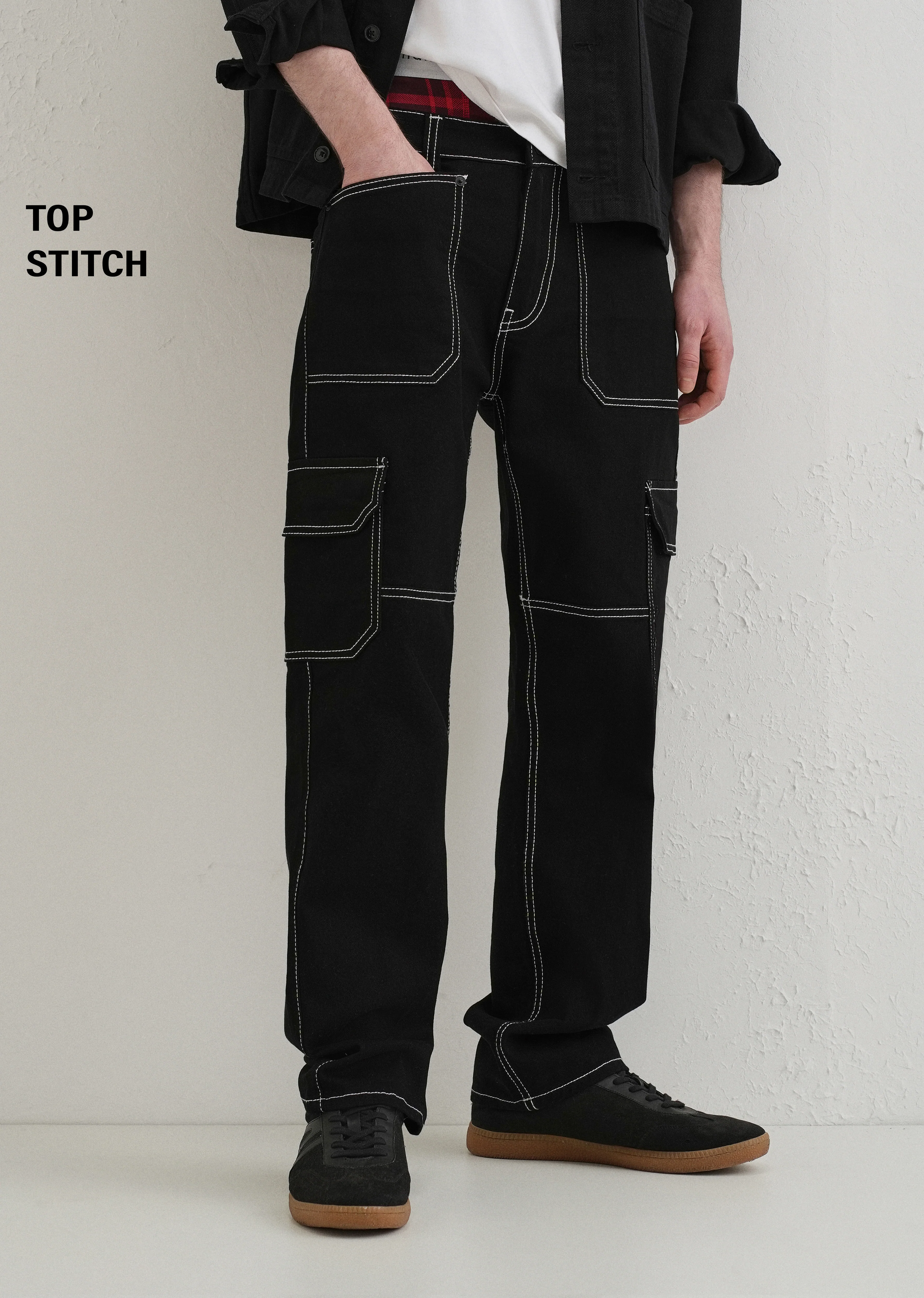 Top Stitched Black Denim Cargo - Image 7