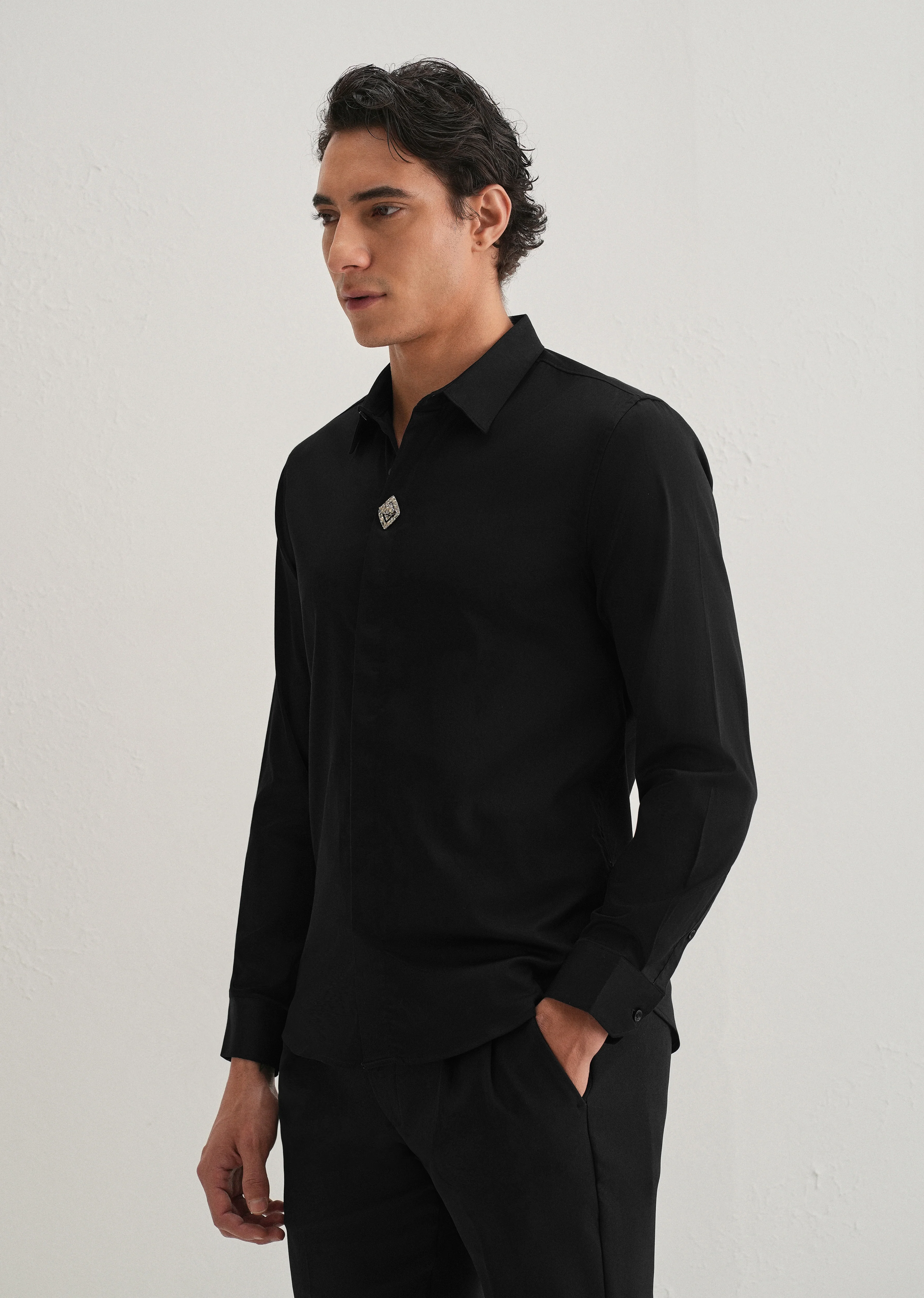 Twist Lock Button Black Designer Shirt - Image 4