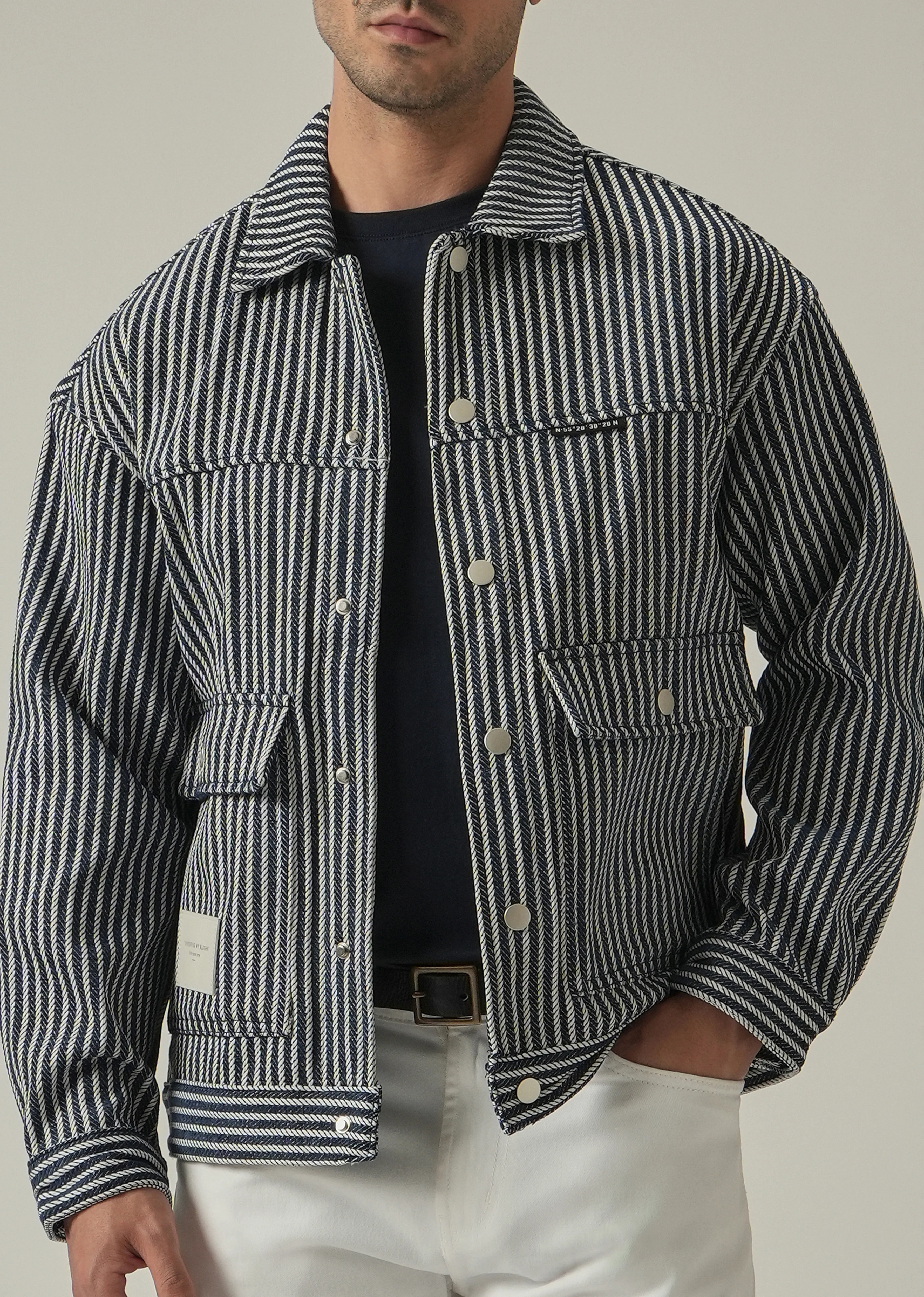 Vertical Striped Denim Jacquard Jacket - Image 7
