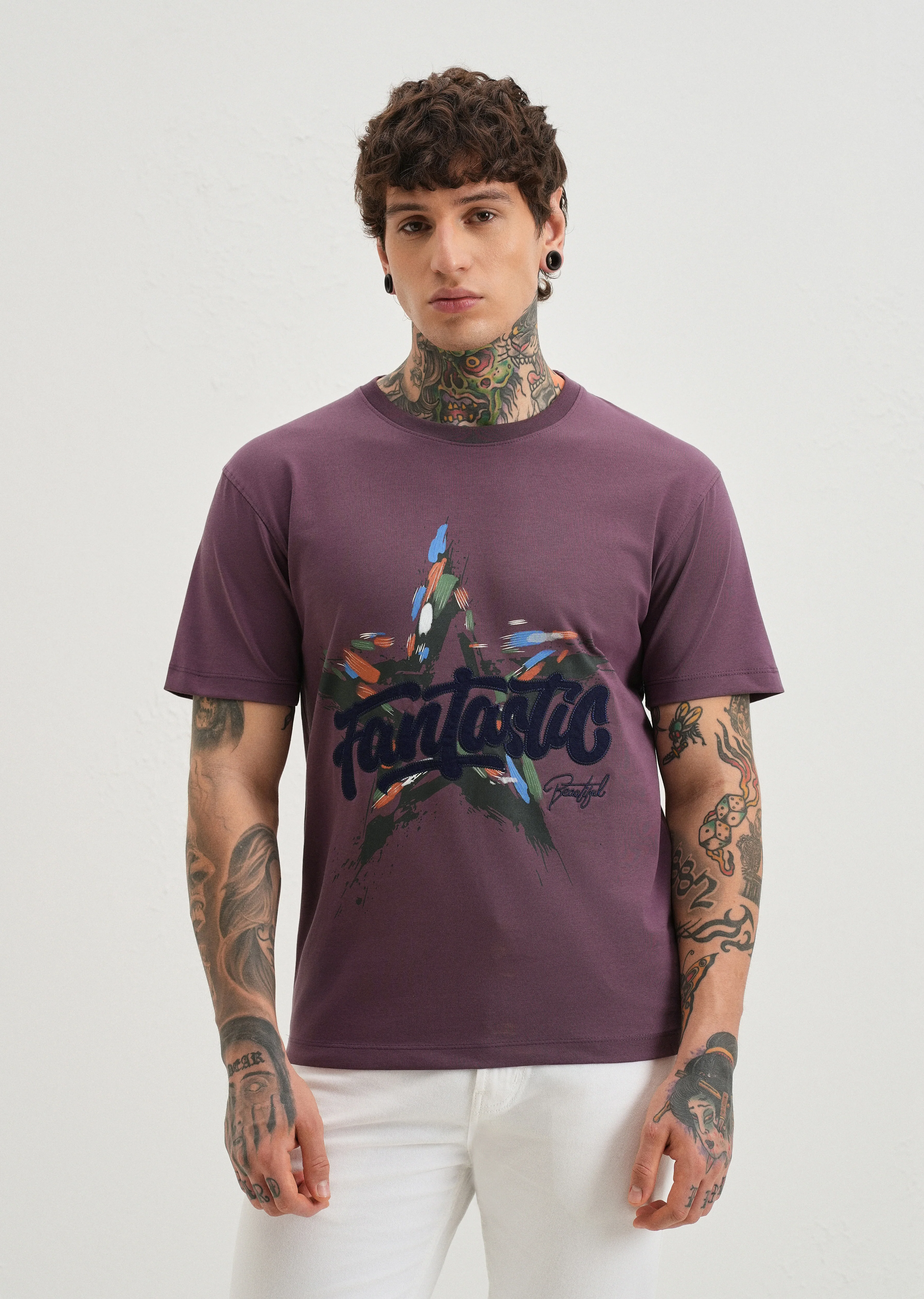 Violet Graphic Print Applique T-shirt - Image 3