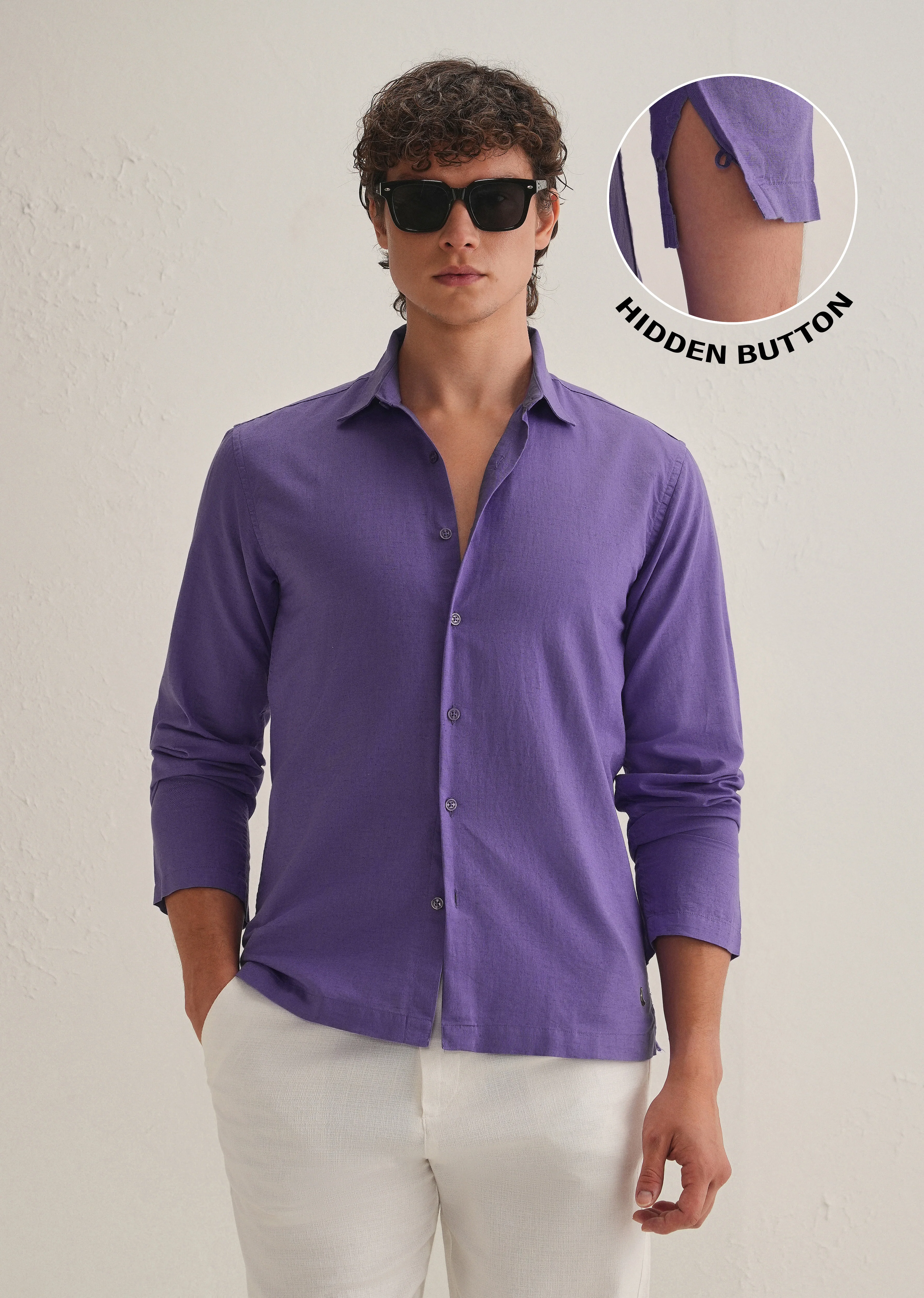 Violet Hidden Sleeve Placket Cotton Linen Shirt - Image 2