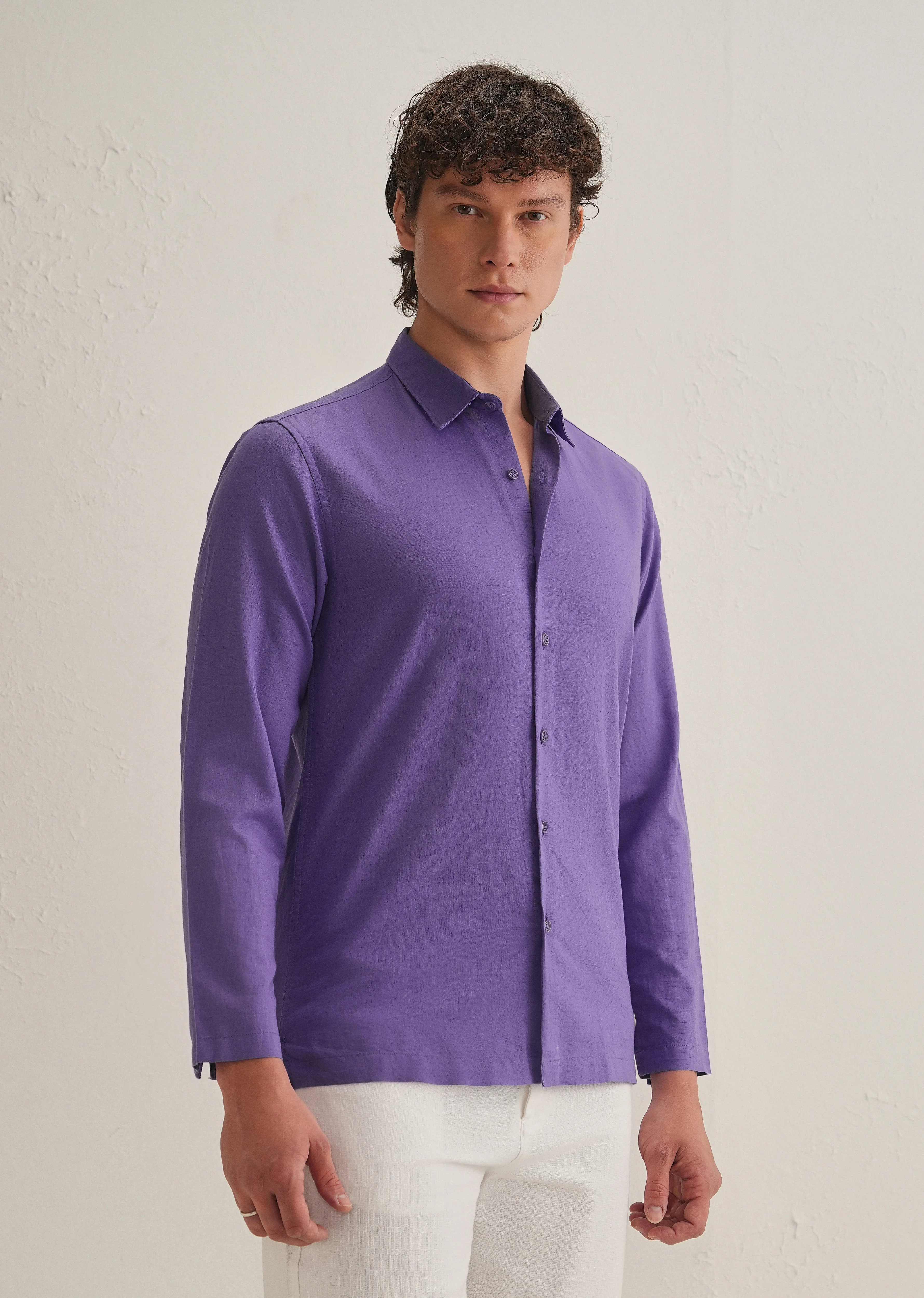 Violet Hidden Sleeve Placket Cotton Linen Shirt - Image 6
