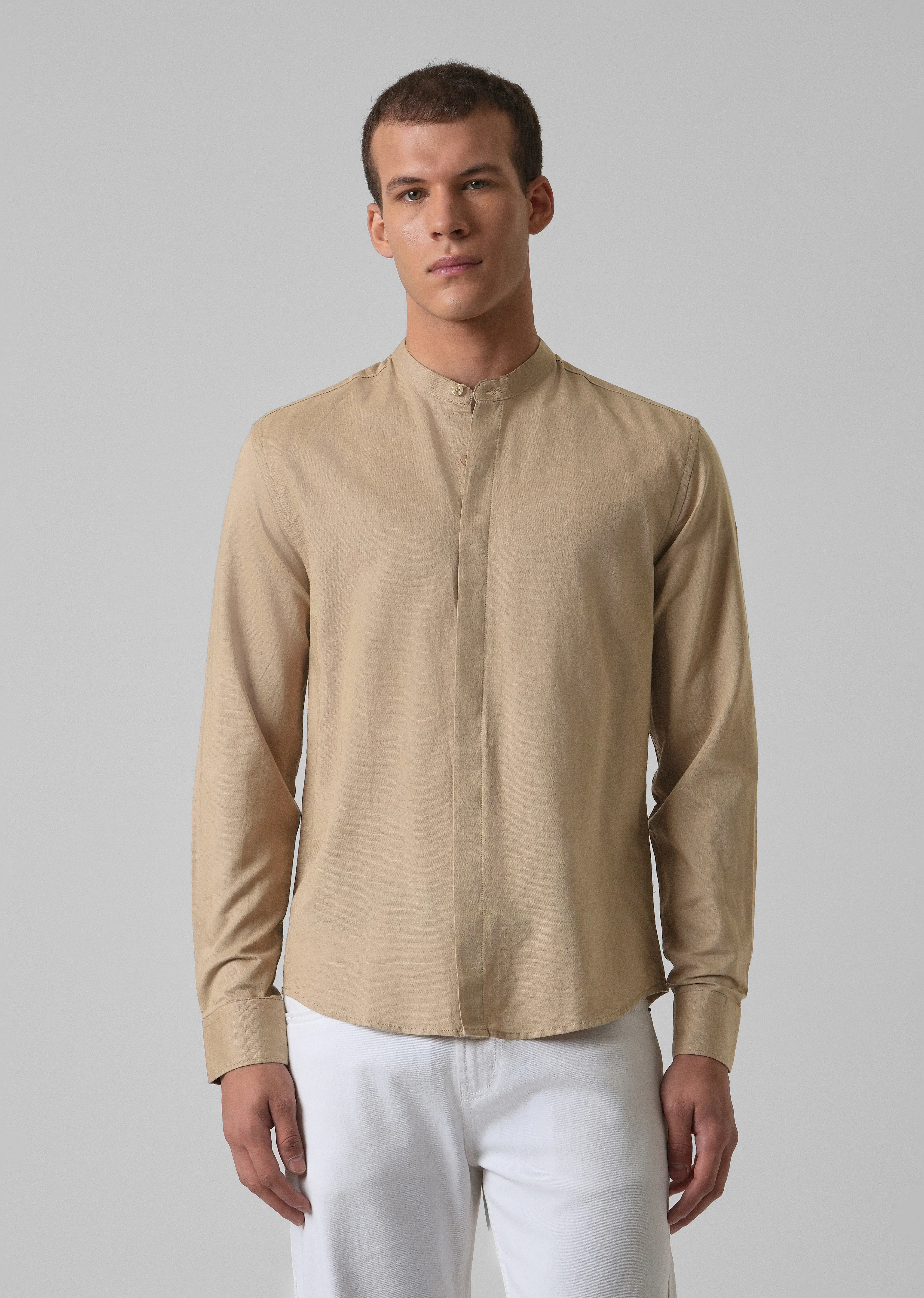 Warm Beige Cotton Linen Shirt - Image 3