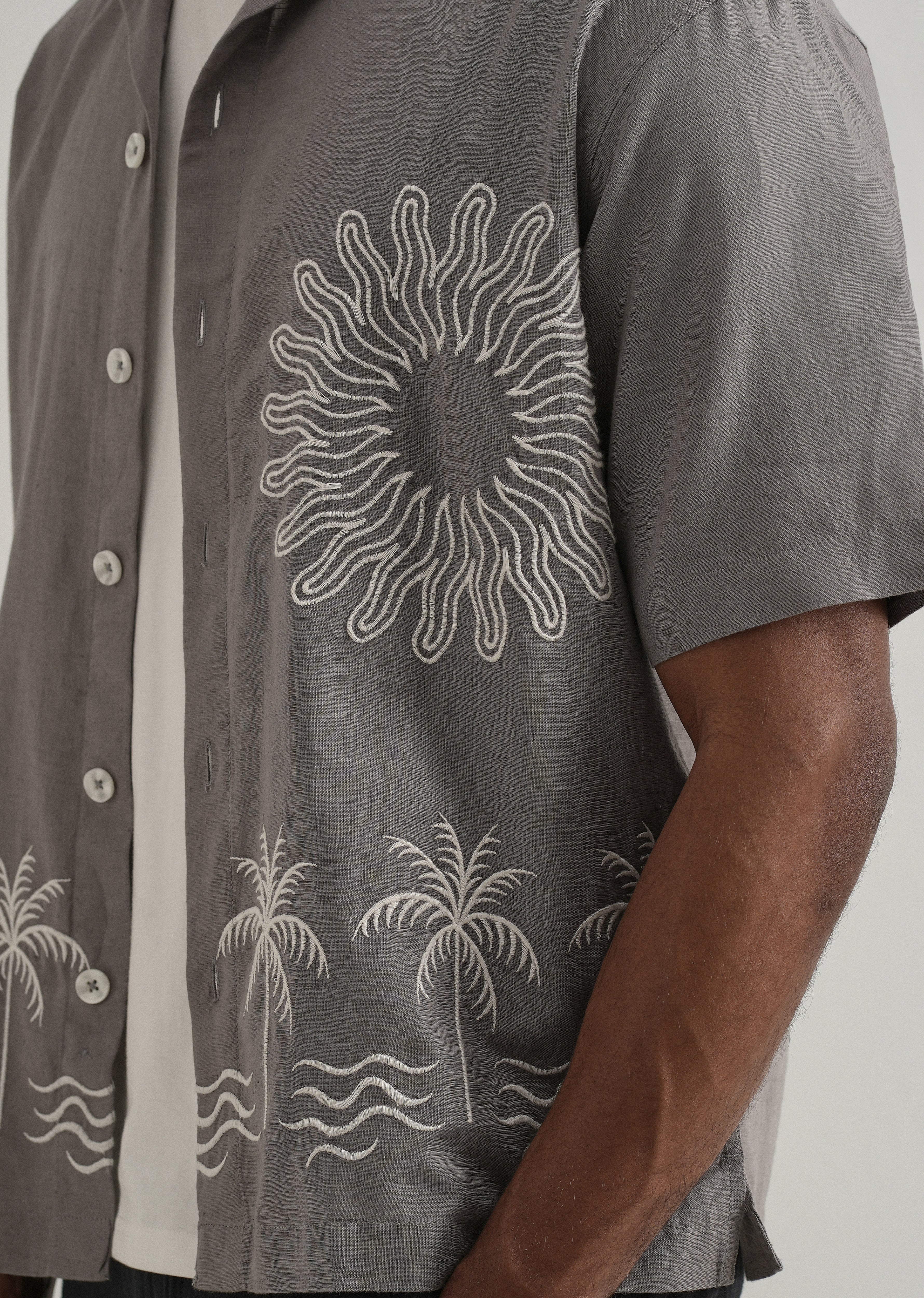 Warm Grey Embroidery Cuban Collar Shirt - Image 2