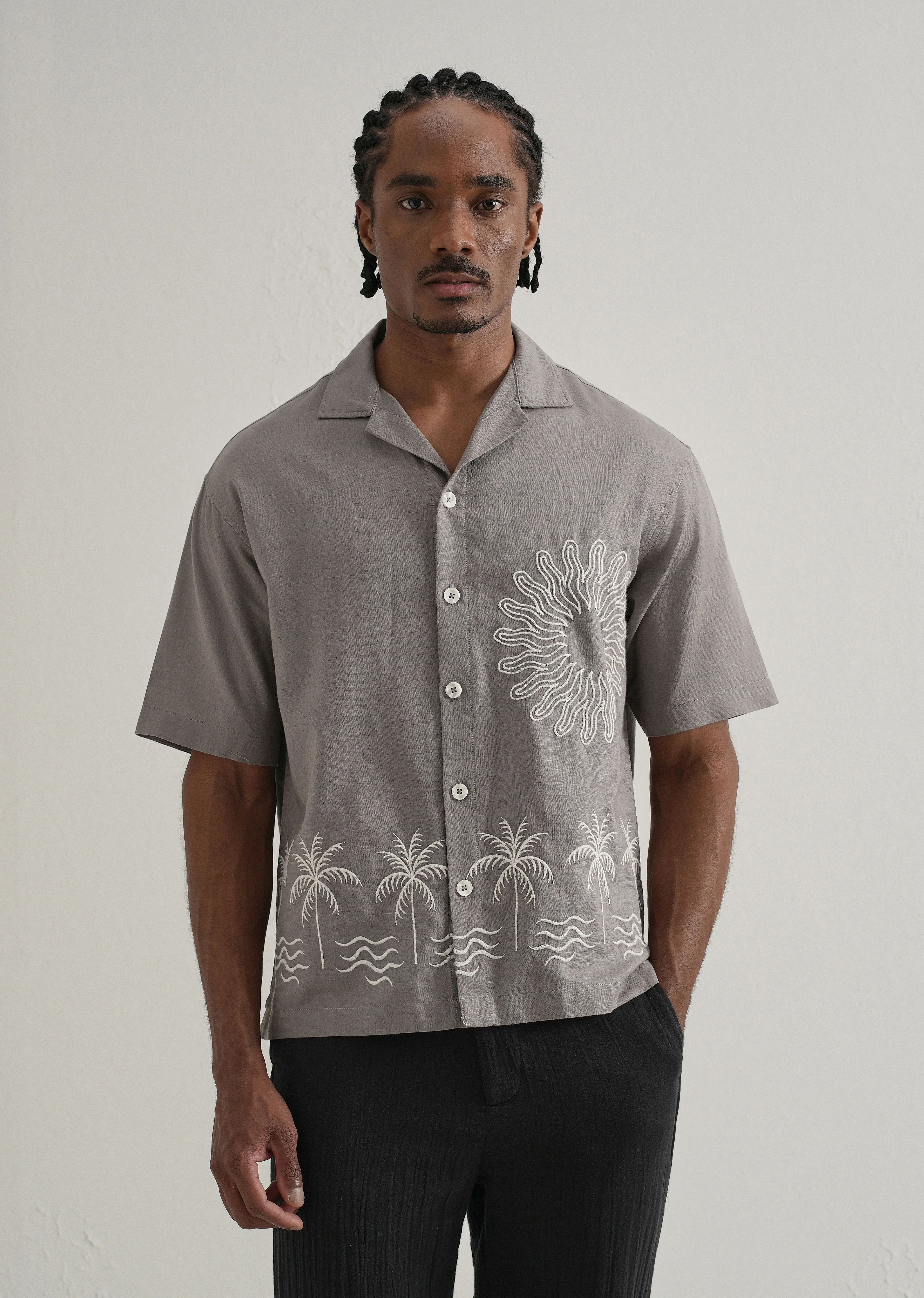 Warm Grey Embroidery Cuban Collar Shirt - Image 4