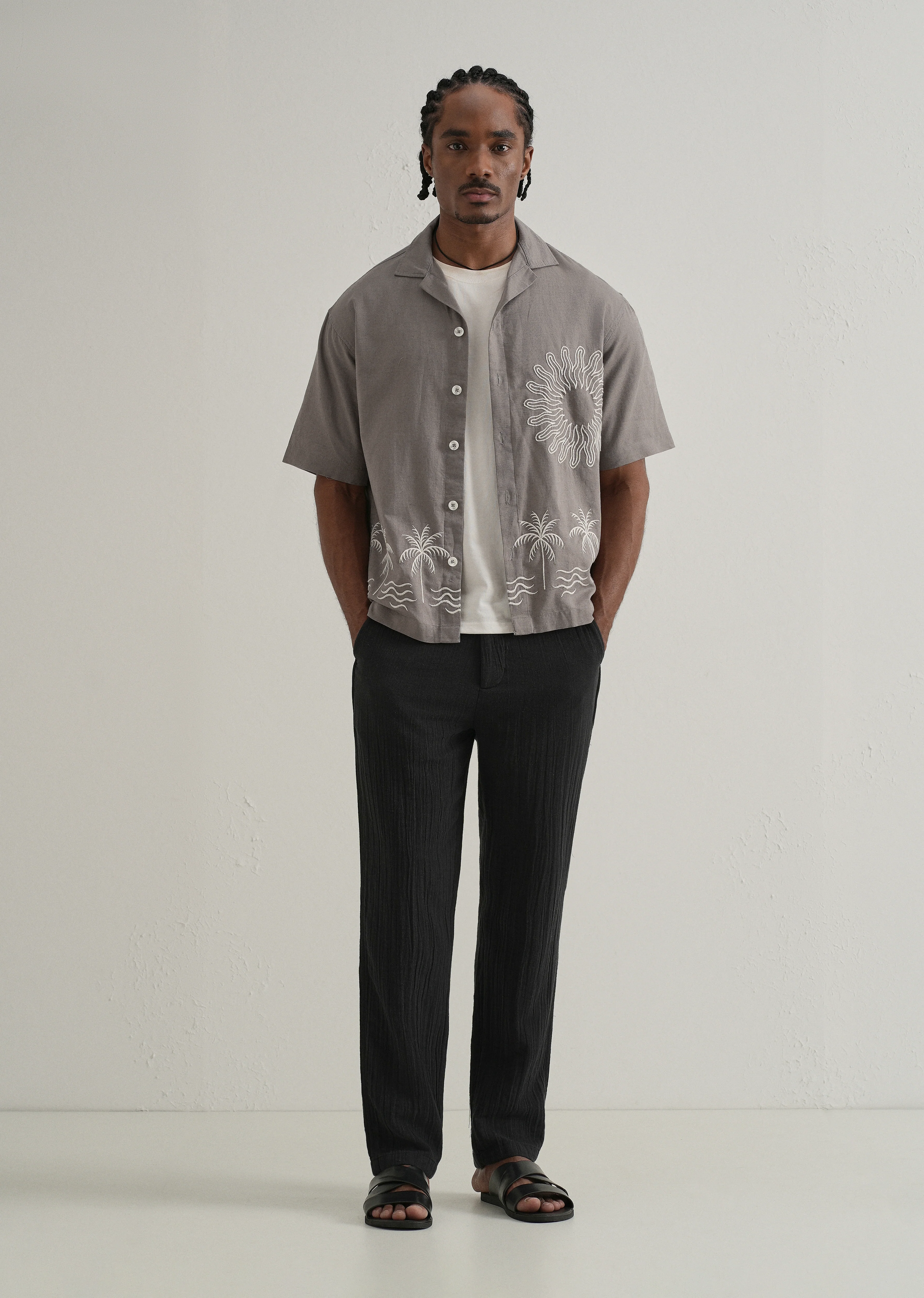 Warm Grey Embroidery Cuban Collar Shirt - Image 6