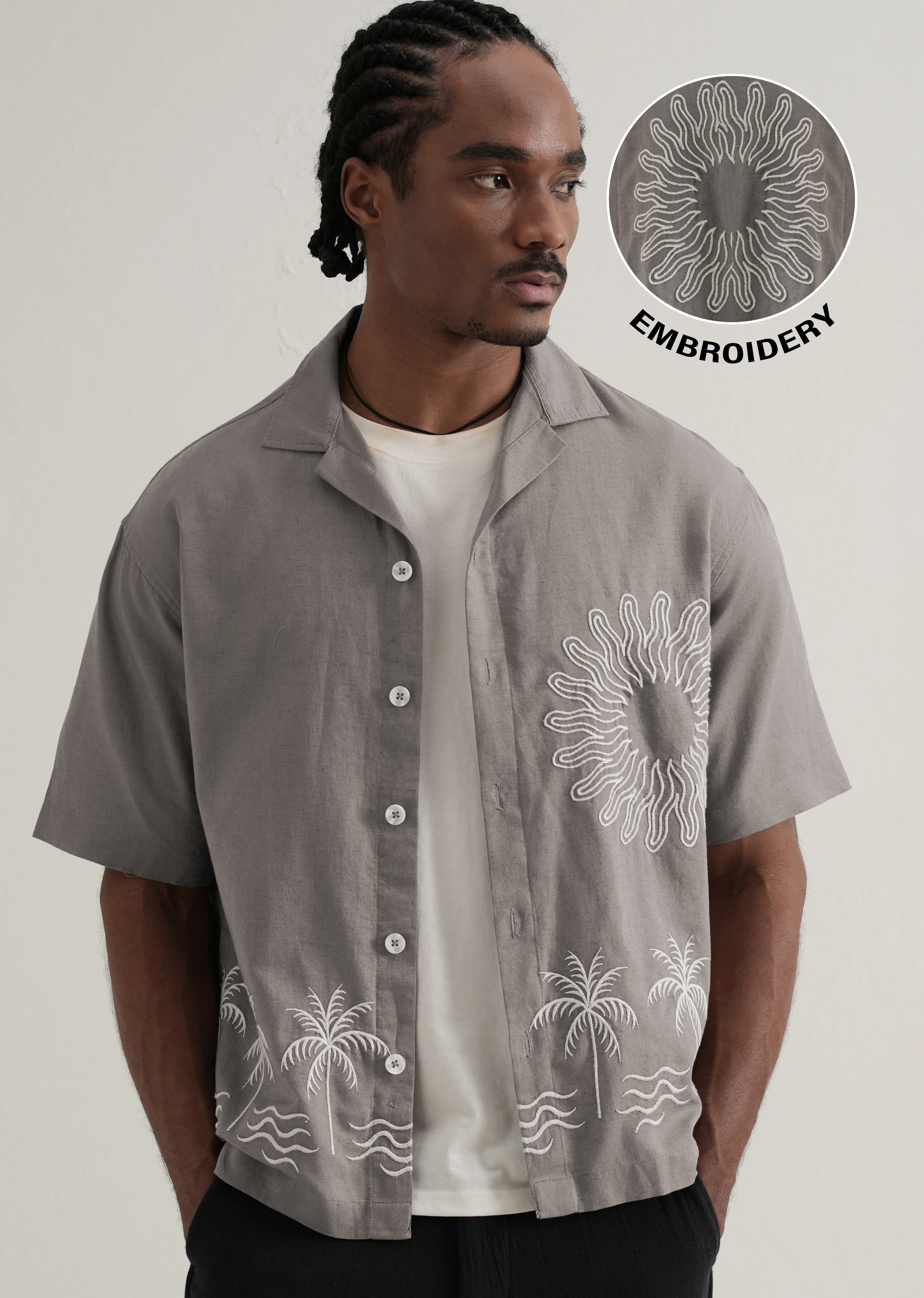 Warm Grey Embroidery Cuban Collar Shirt - Image 7