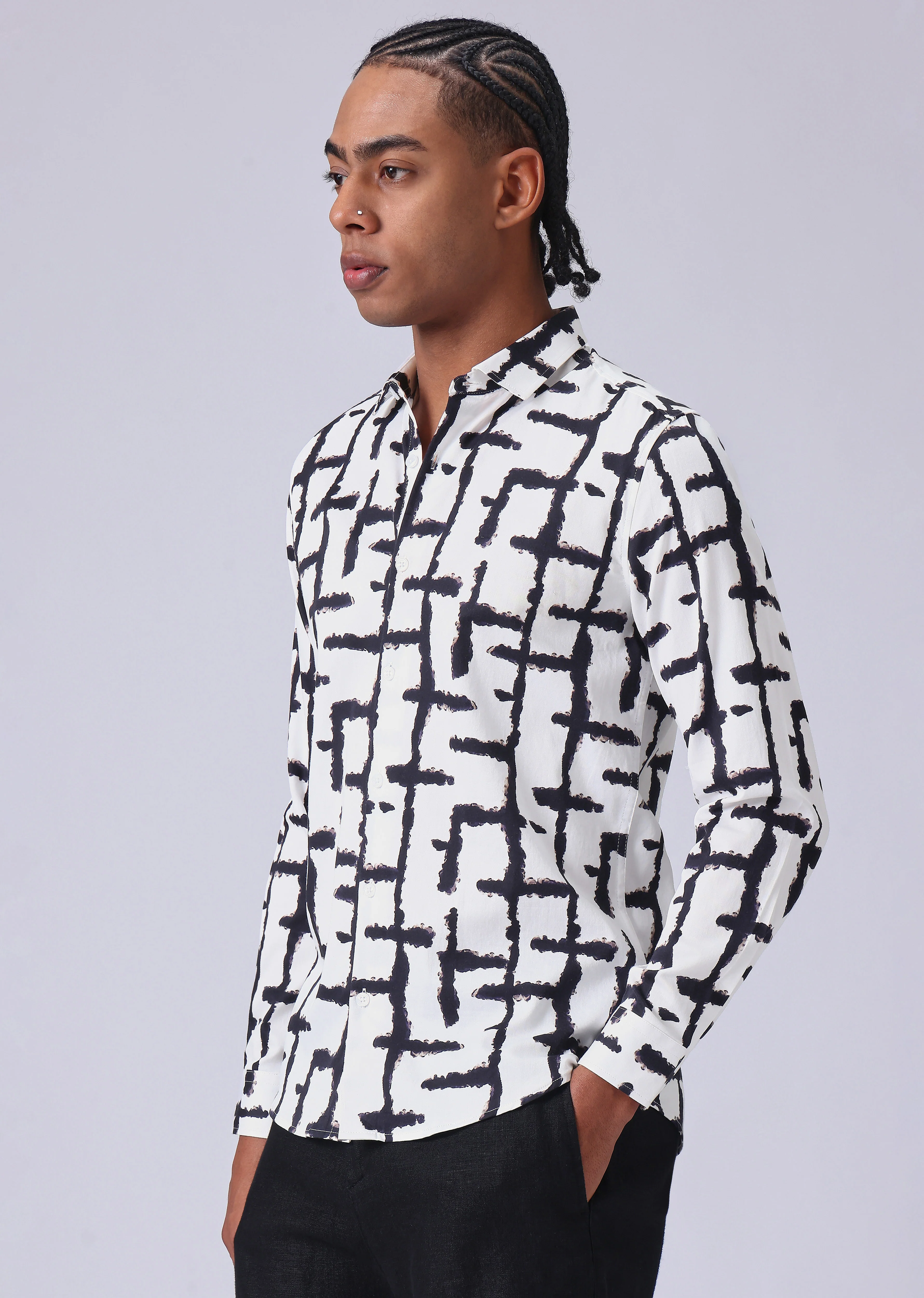 White Abstract Check Print Shirt - Image 4