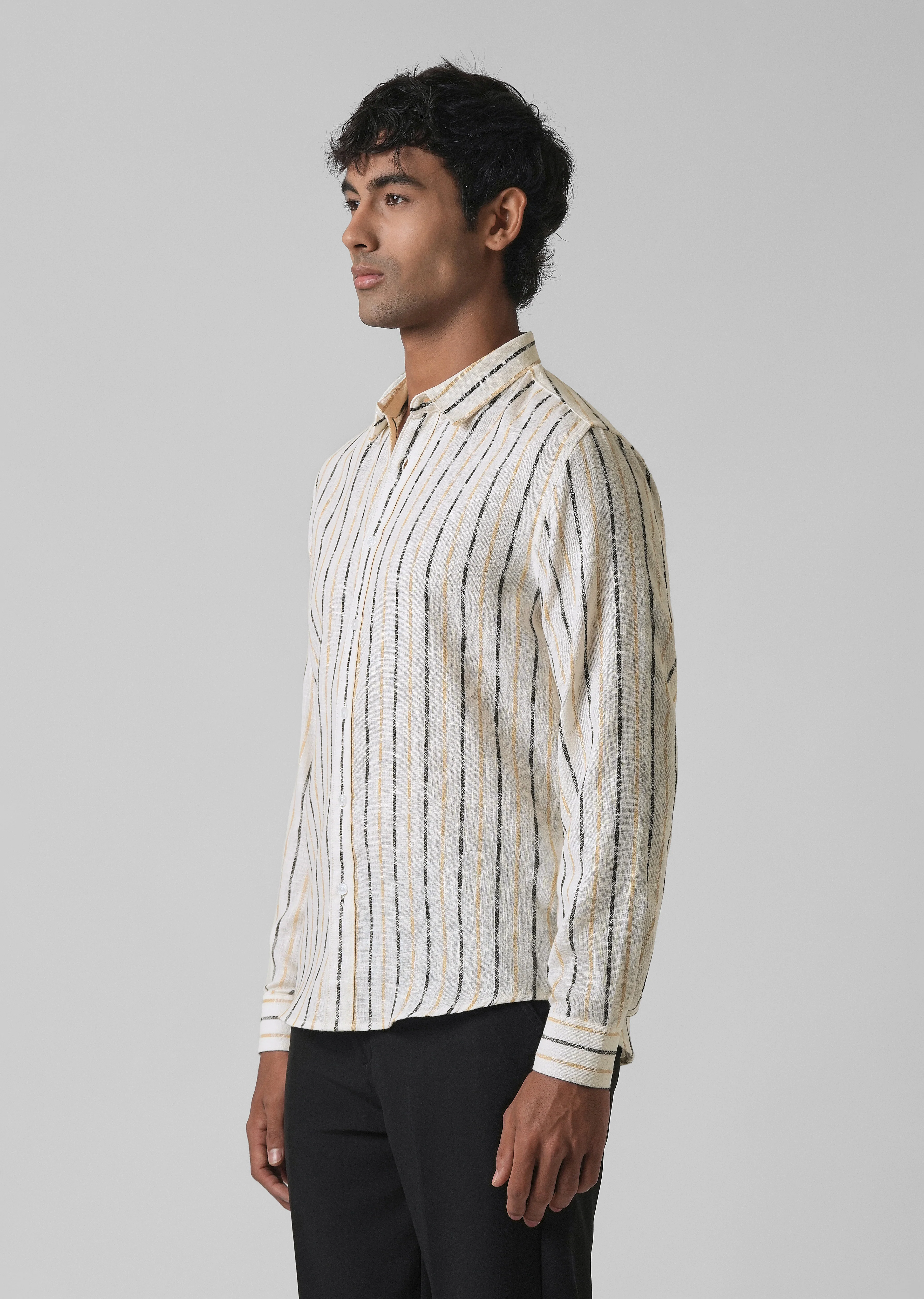 White Beige Blended Cotton Striped Shirt - Image 4