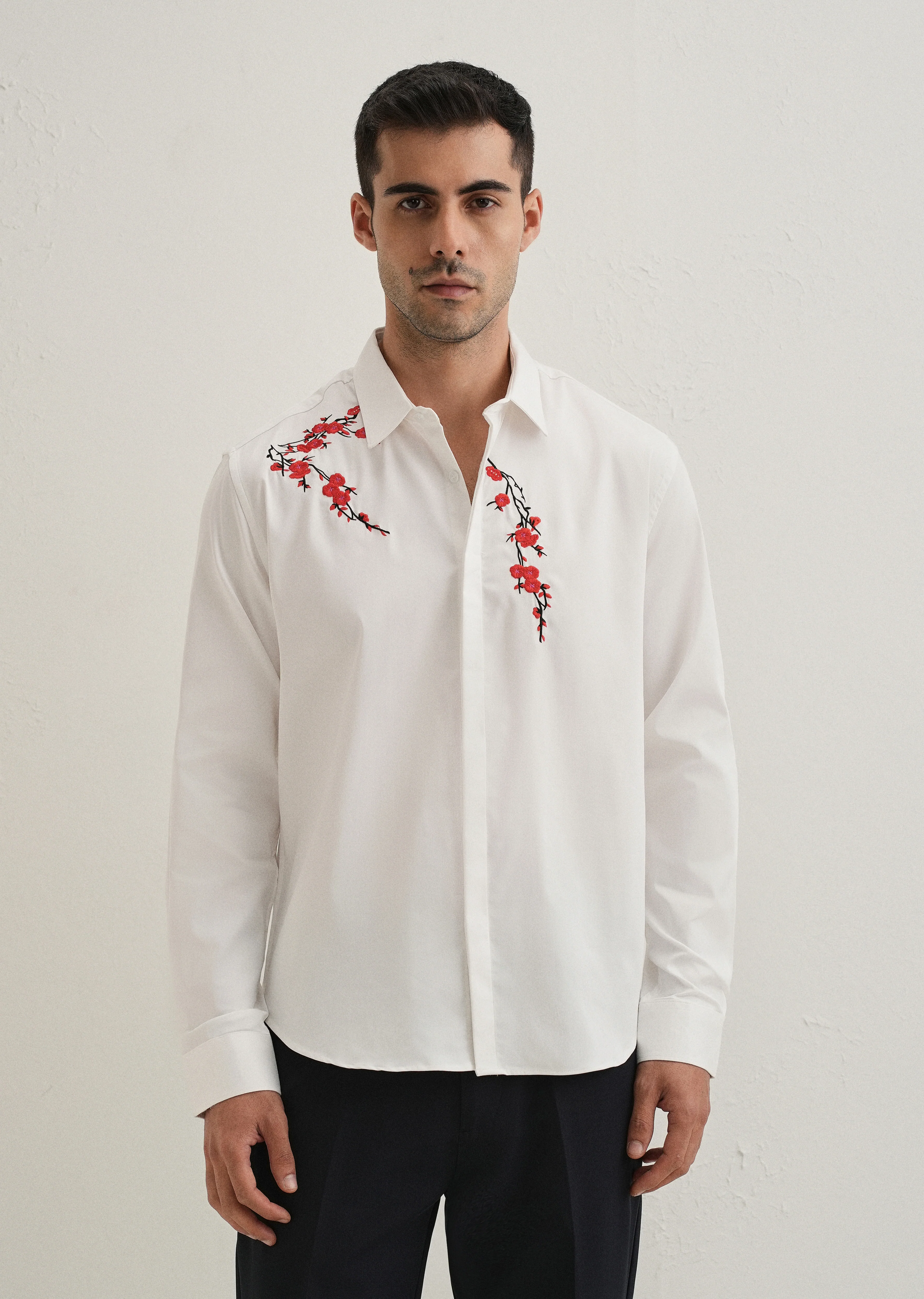 White Blossom Embroidered Designer Shirt - Image 4