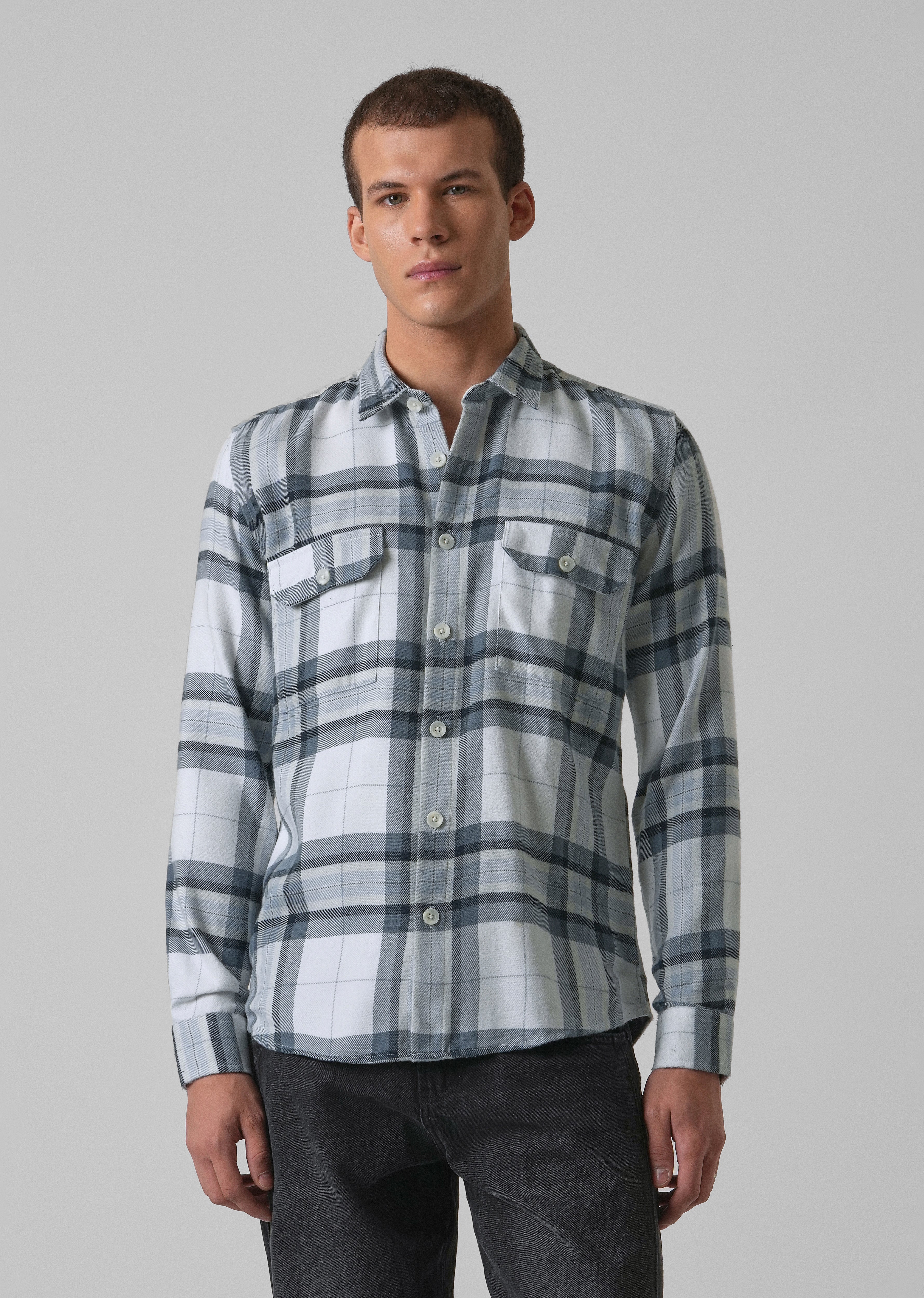 White Brushed Cotton Check Shirt - Image 3