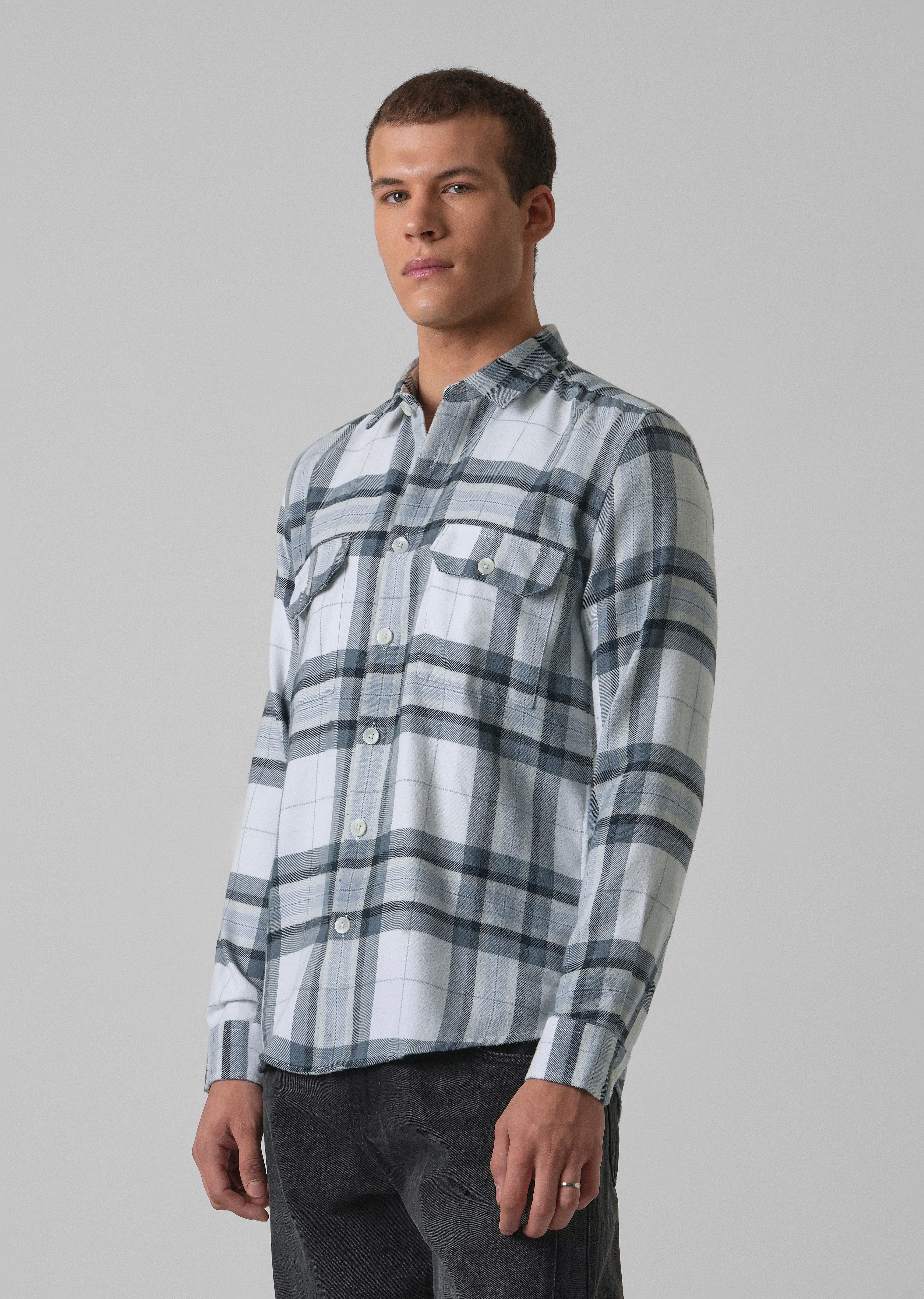 White Brushed Cotton Check Shirt - Image 4