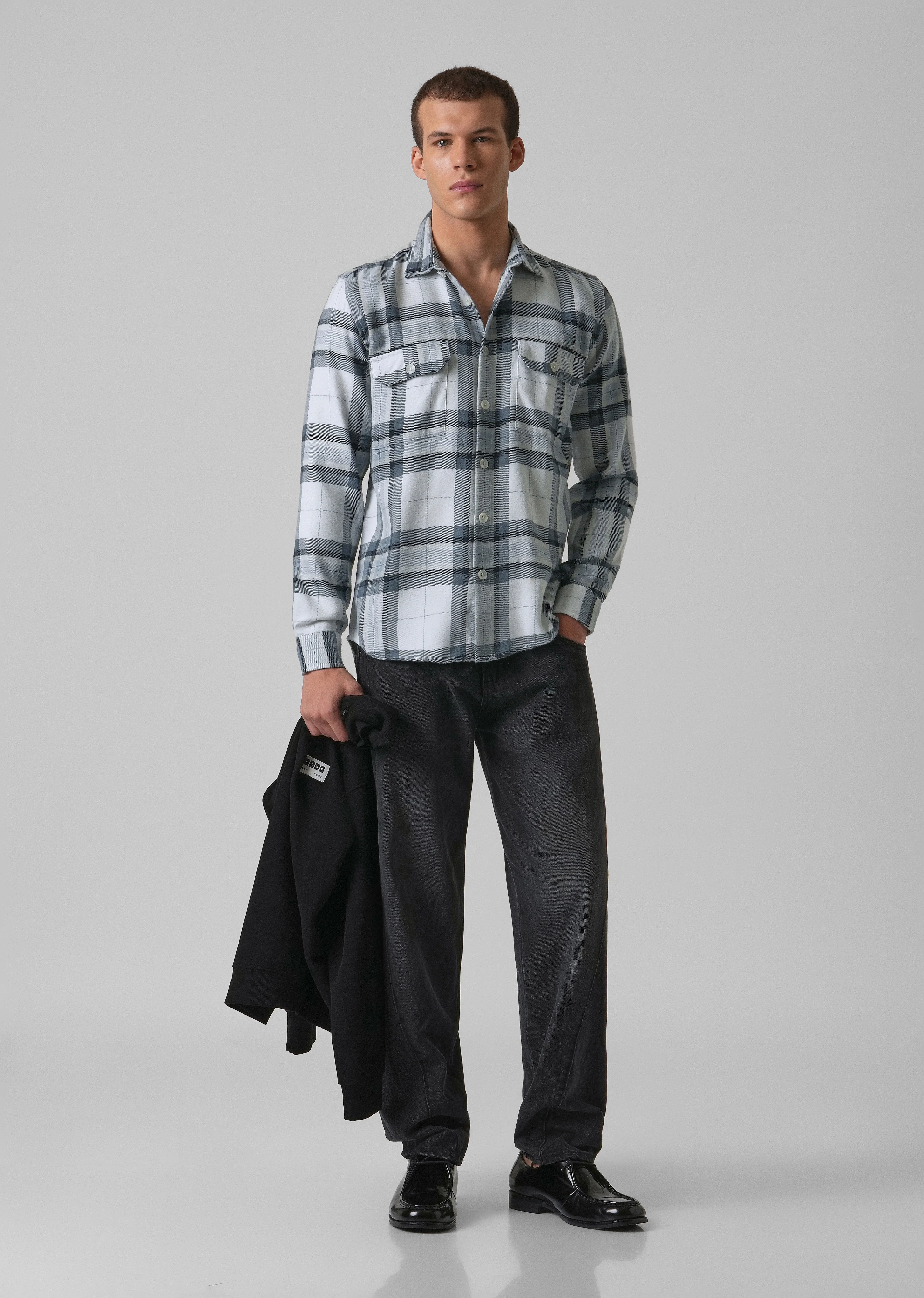White Brushed Cotton Check Shirt - Image 6