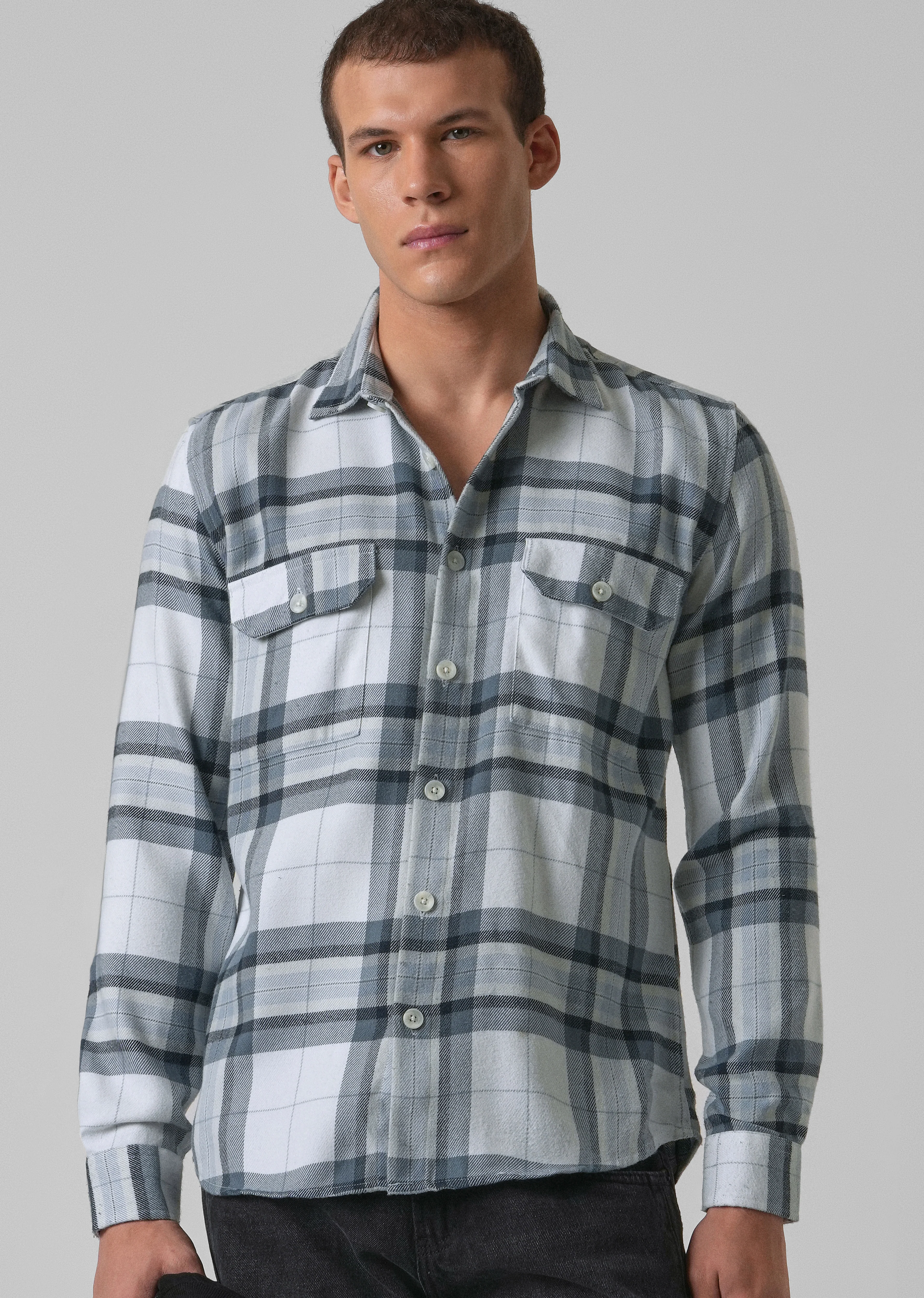 White Brushed Cotton Check Shirt - Image 7