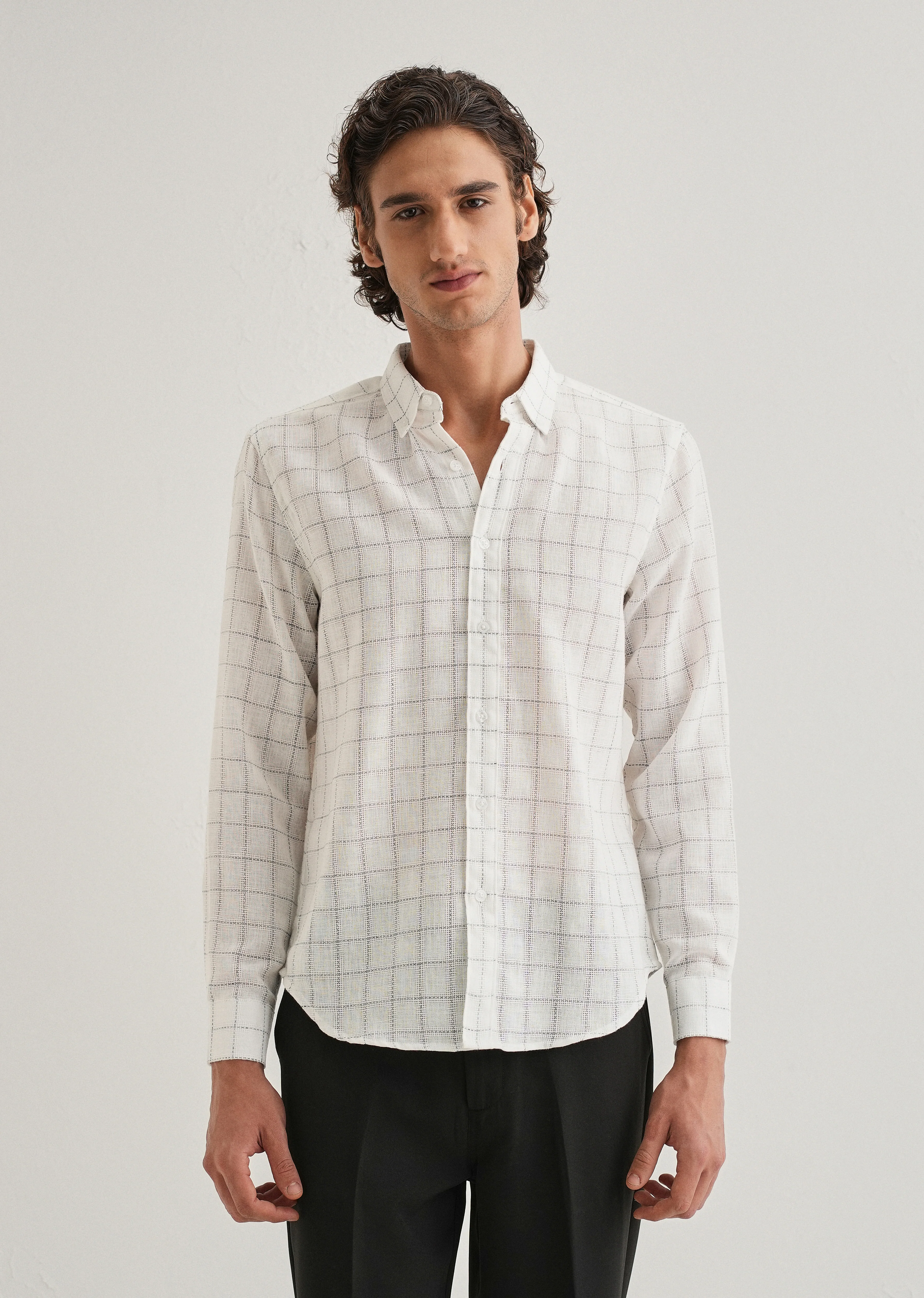 White Check Blended Linen Shirt - Image 3