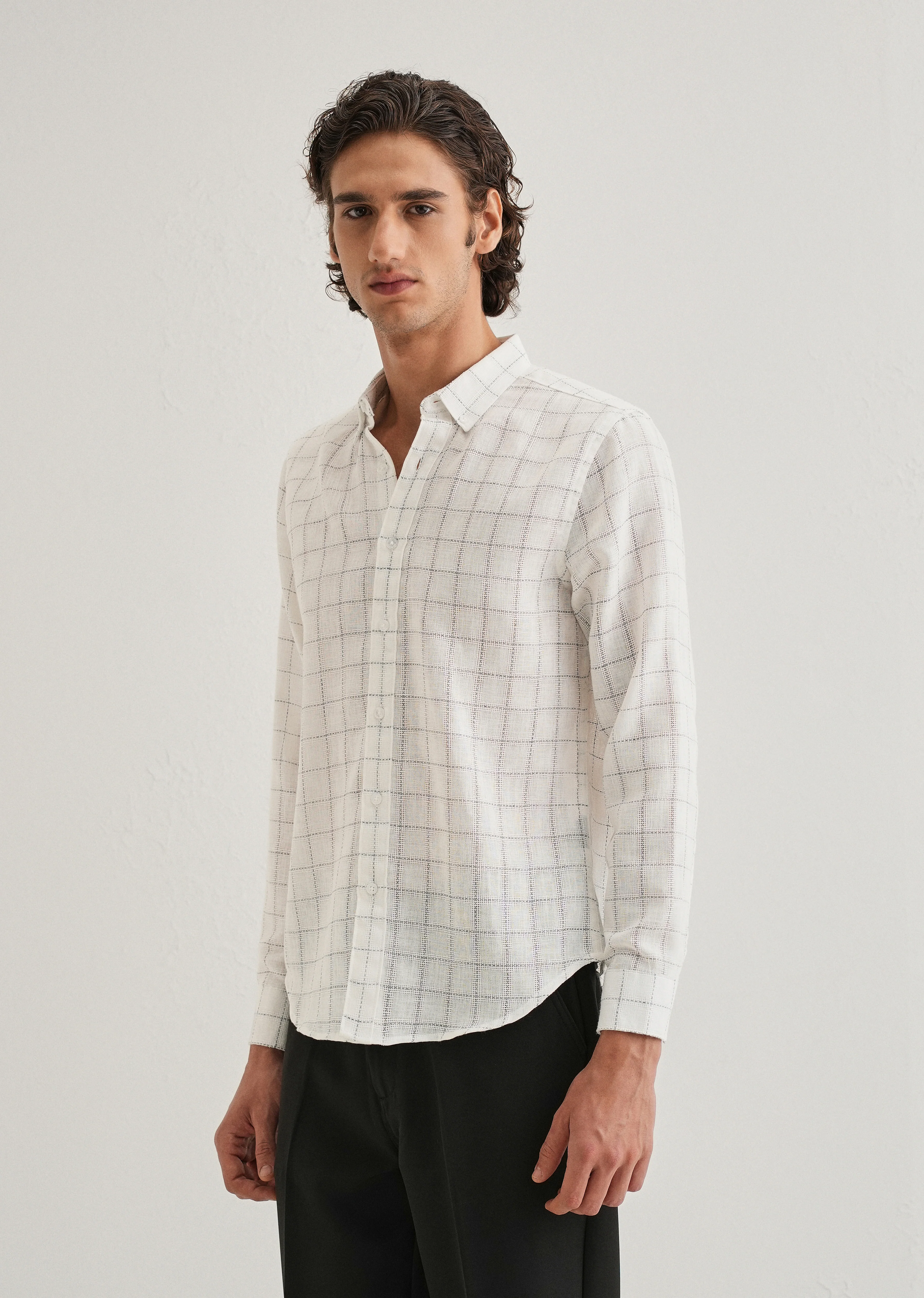 White Check Blended Linen Shirt - Image 4