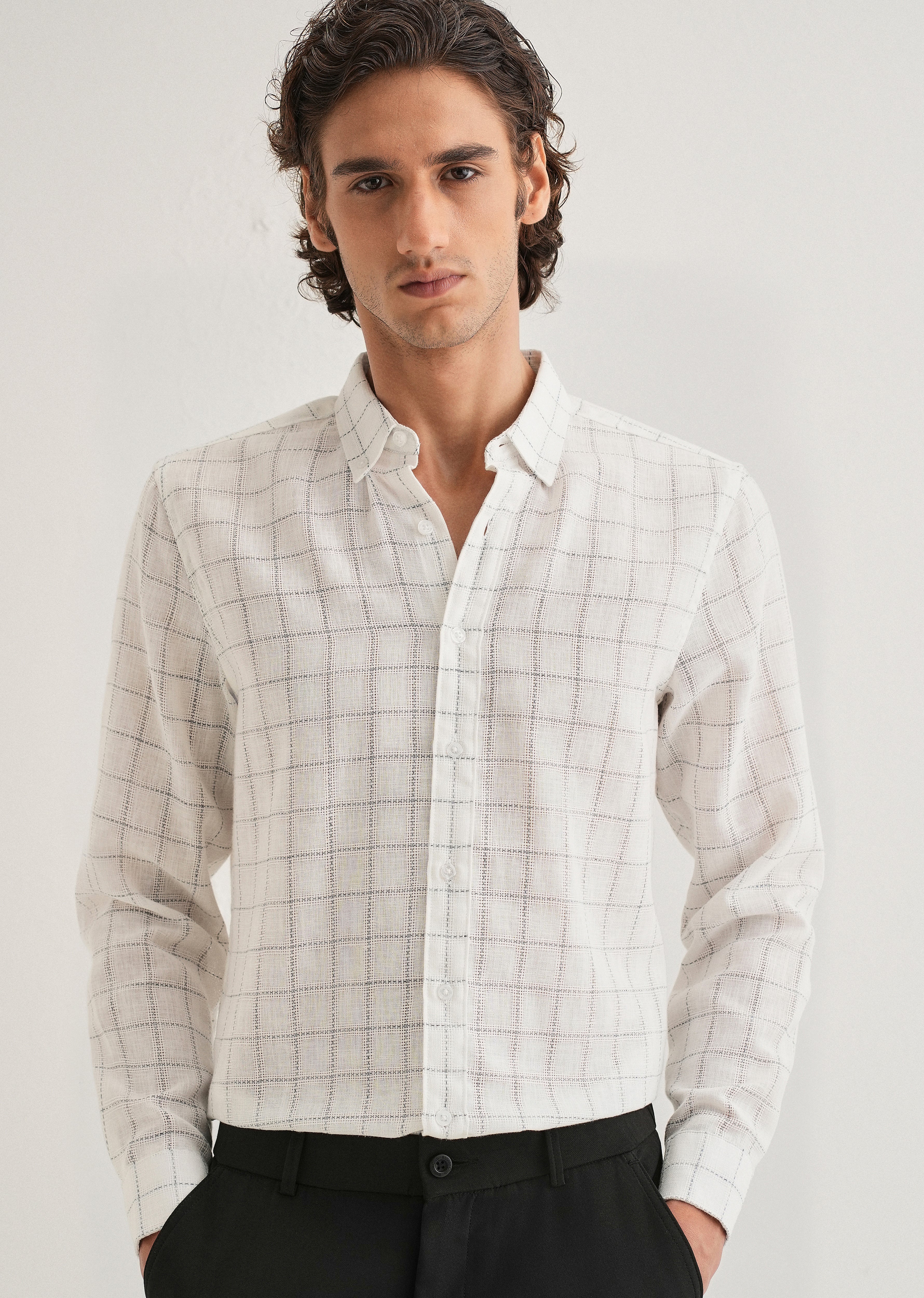 White Check Blended Linen Shirt - Image 7