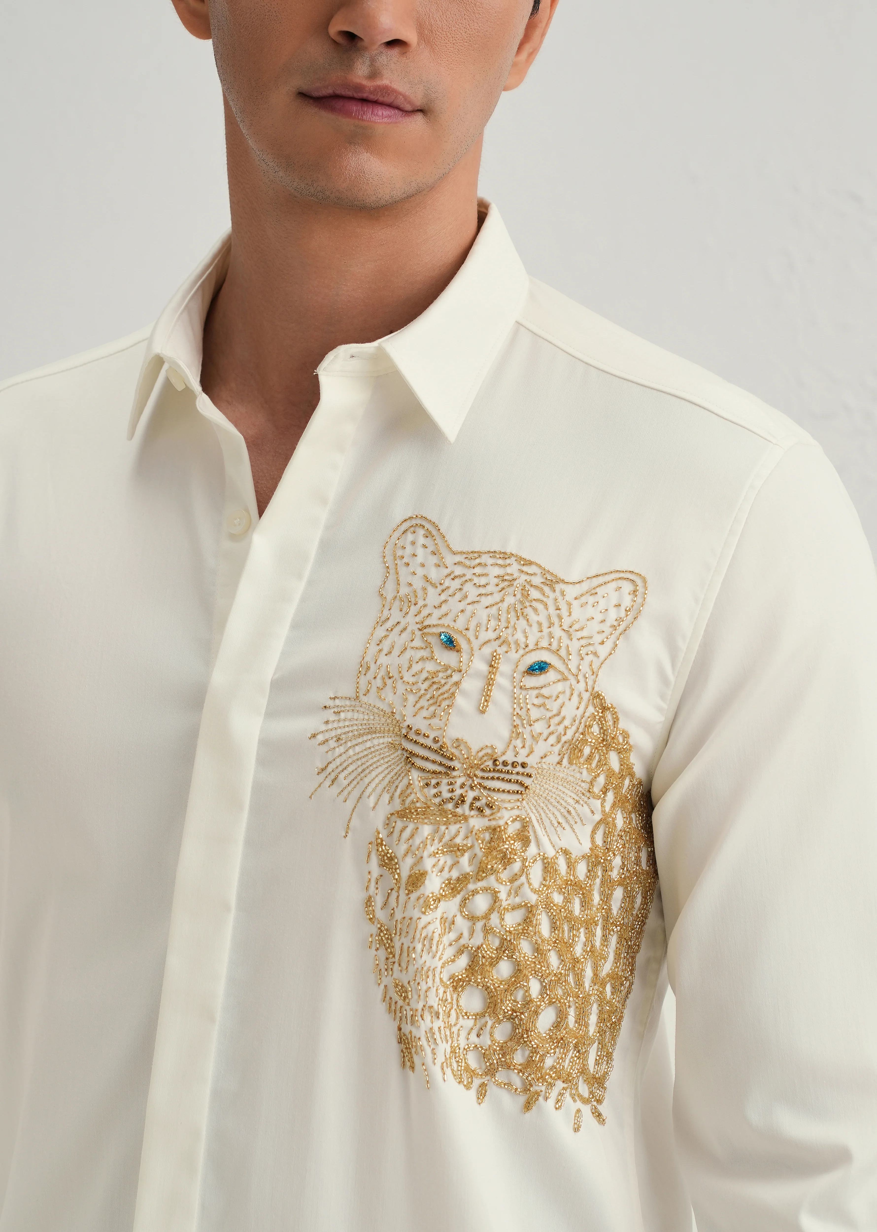 White Cheetah Embellished Handwork Designer Shirt - Image 2