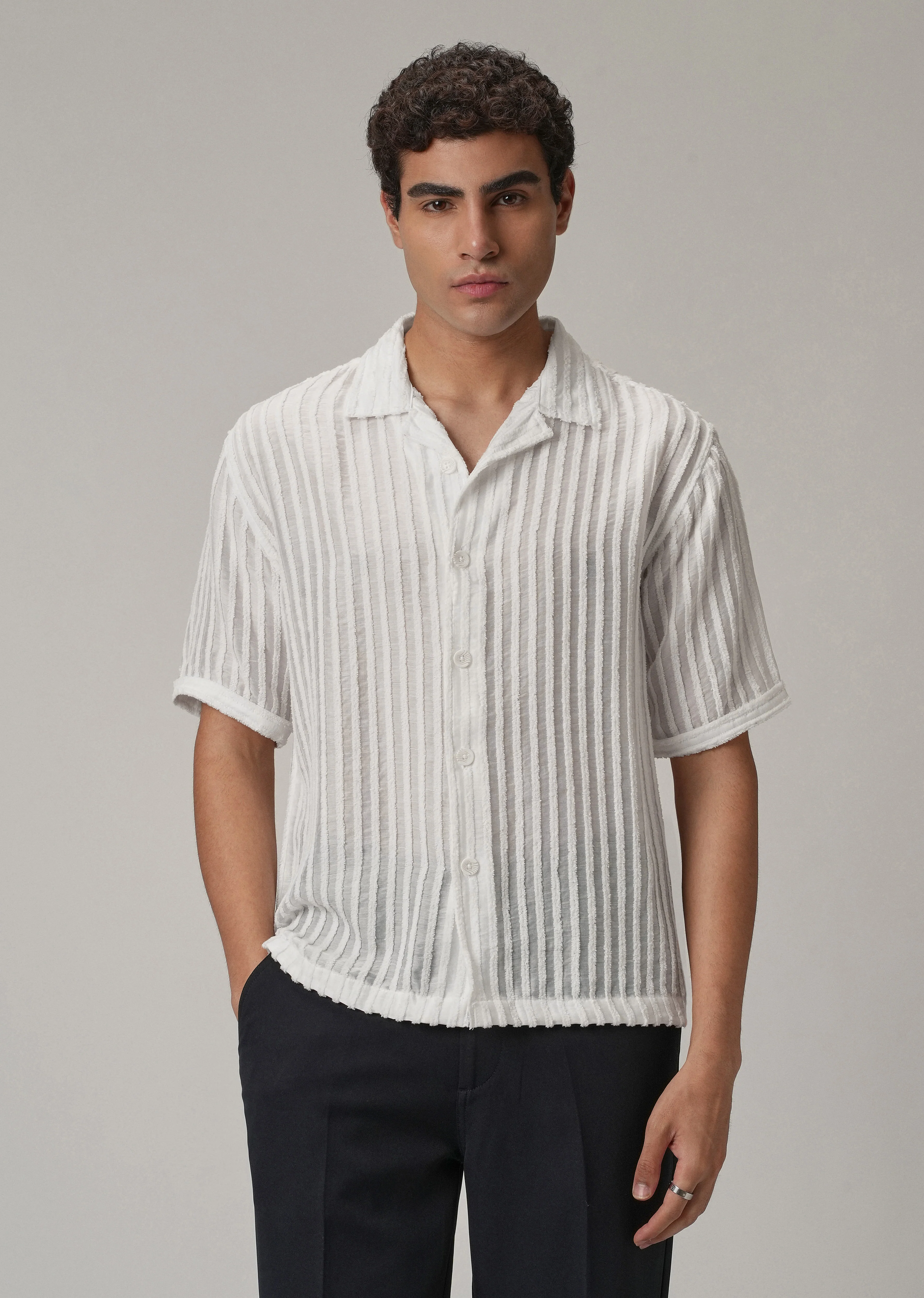 White Clip Jacquard Stripe Shirt - Image 3