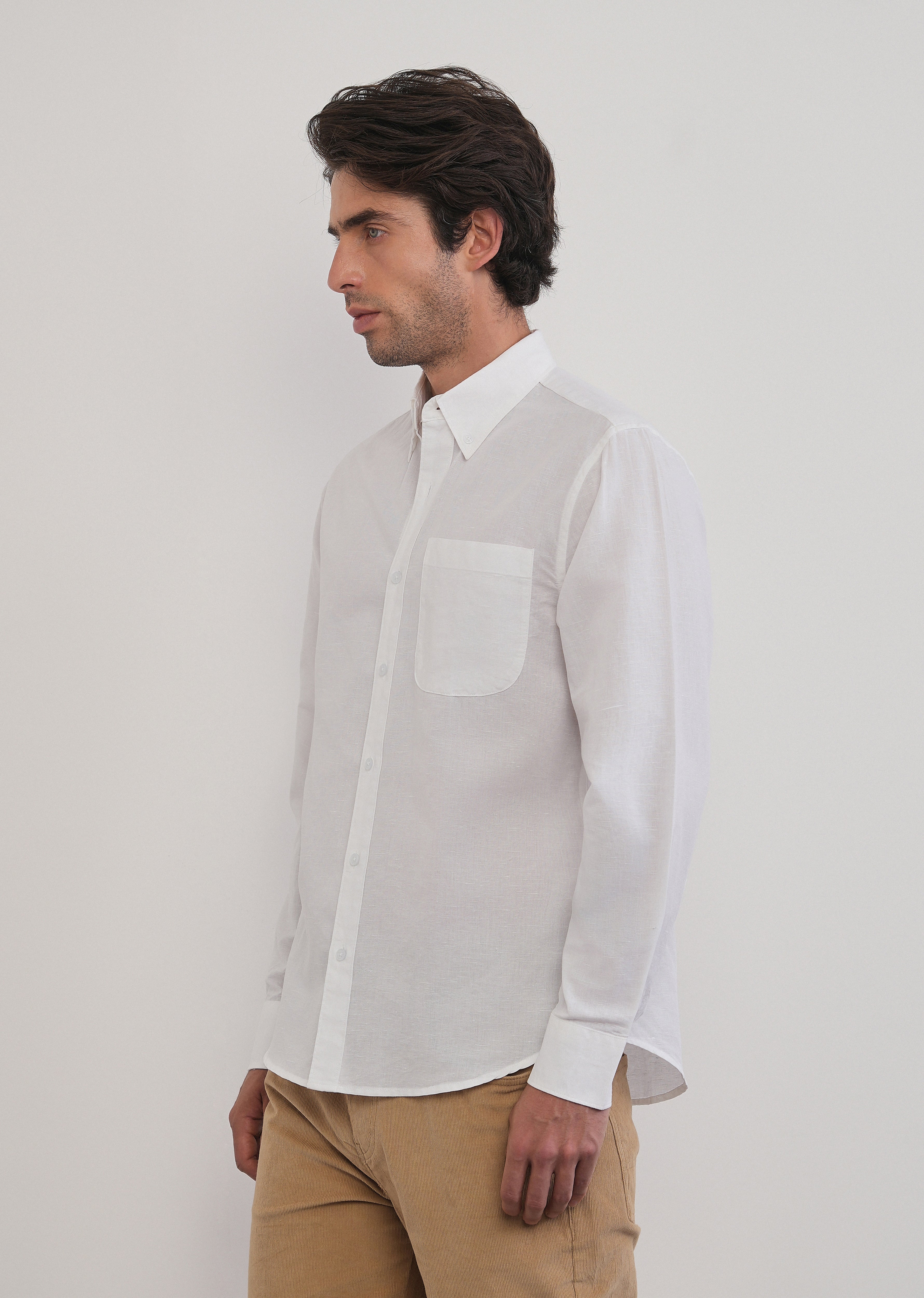 White Cotton Linen Plain Shirt - Image 4