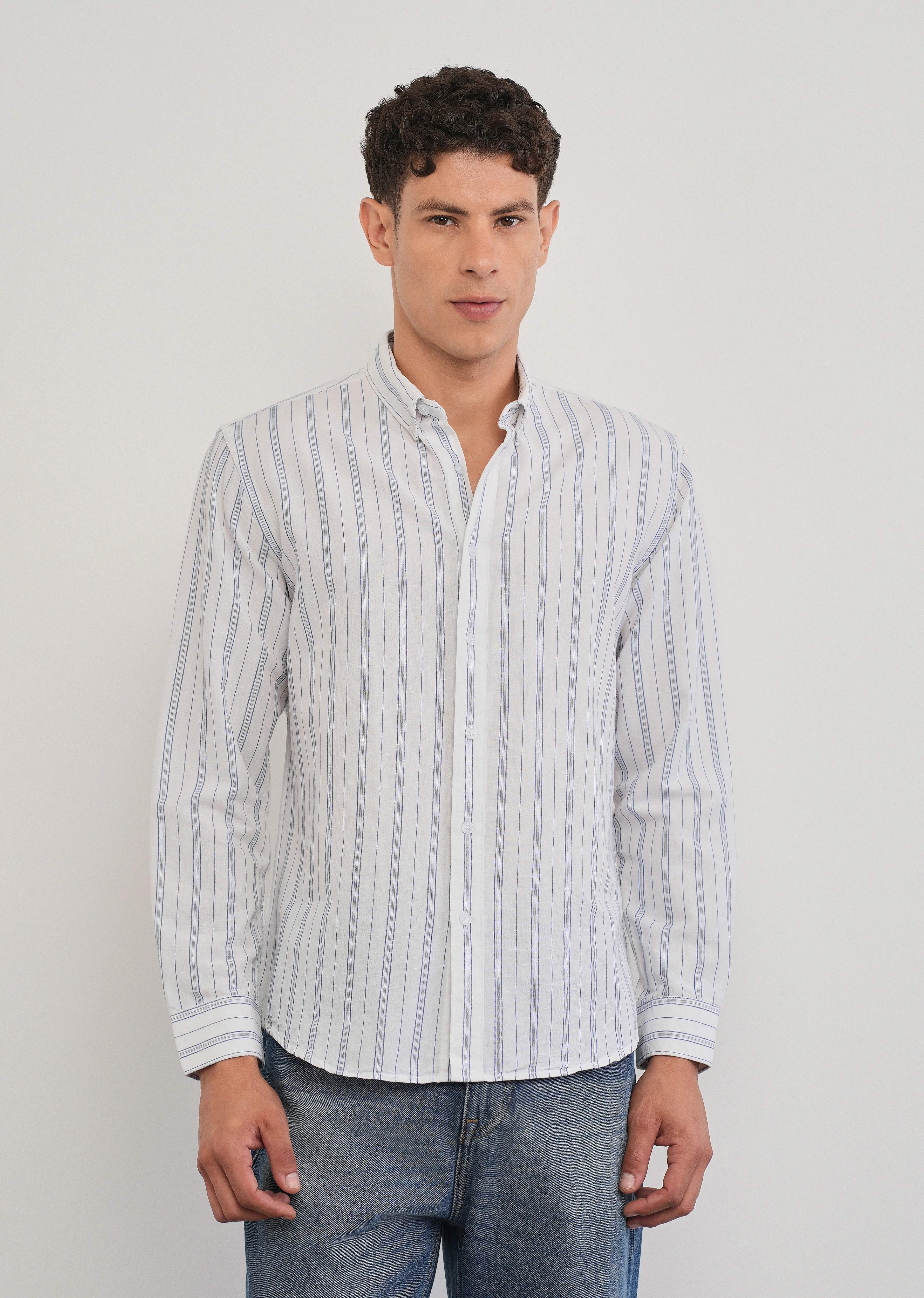 White Cotton Linen Stripe Shirt - Image 3