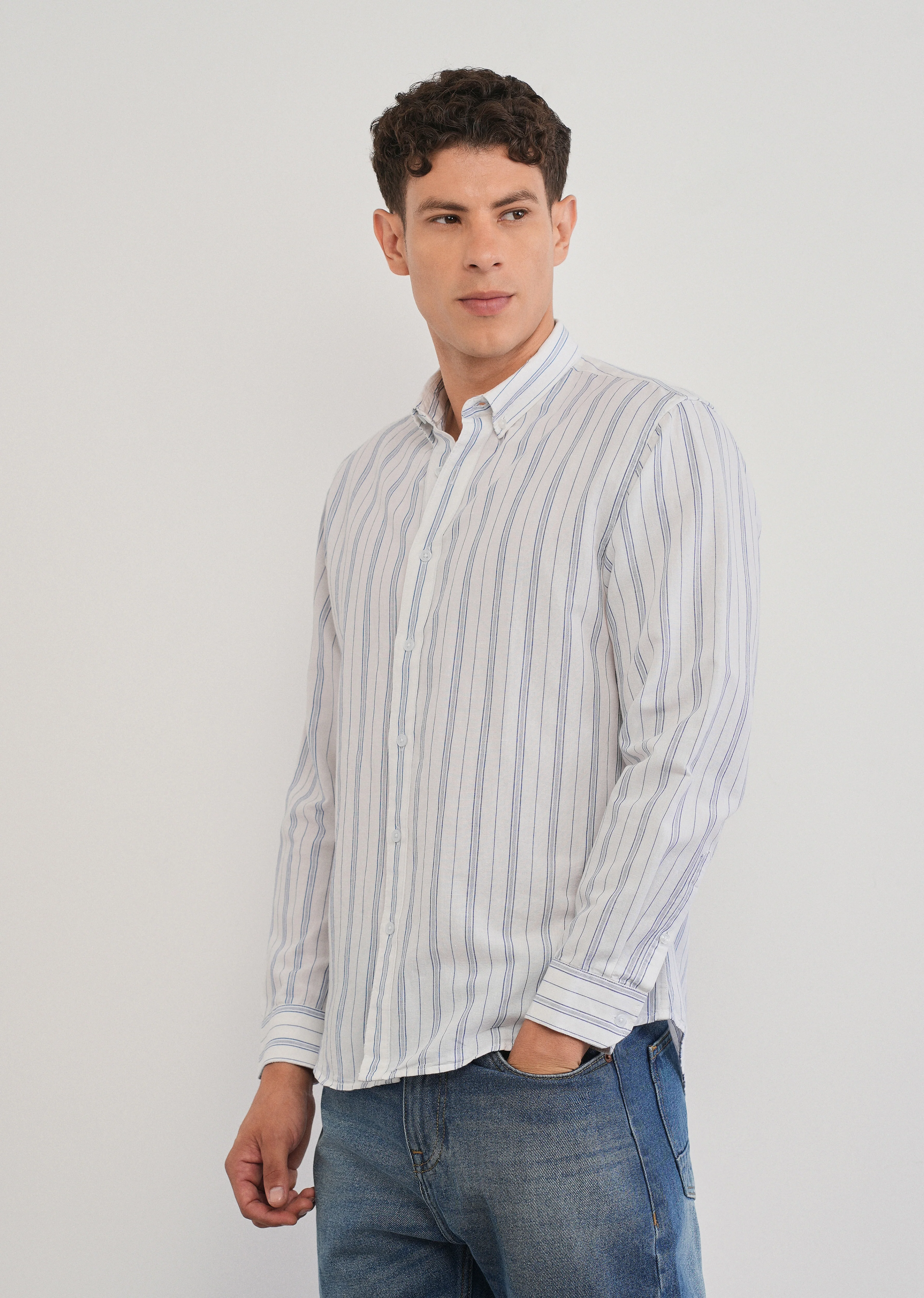White Cotton Linen Stripe Shirt - Image 4