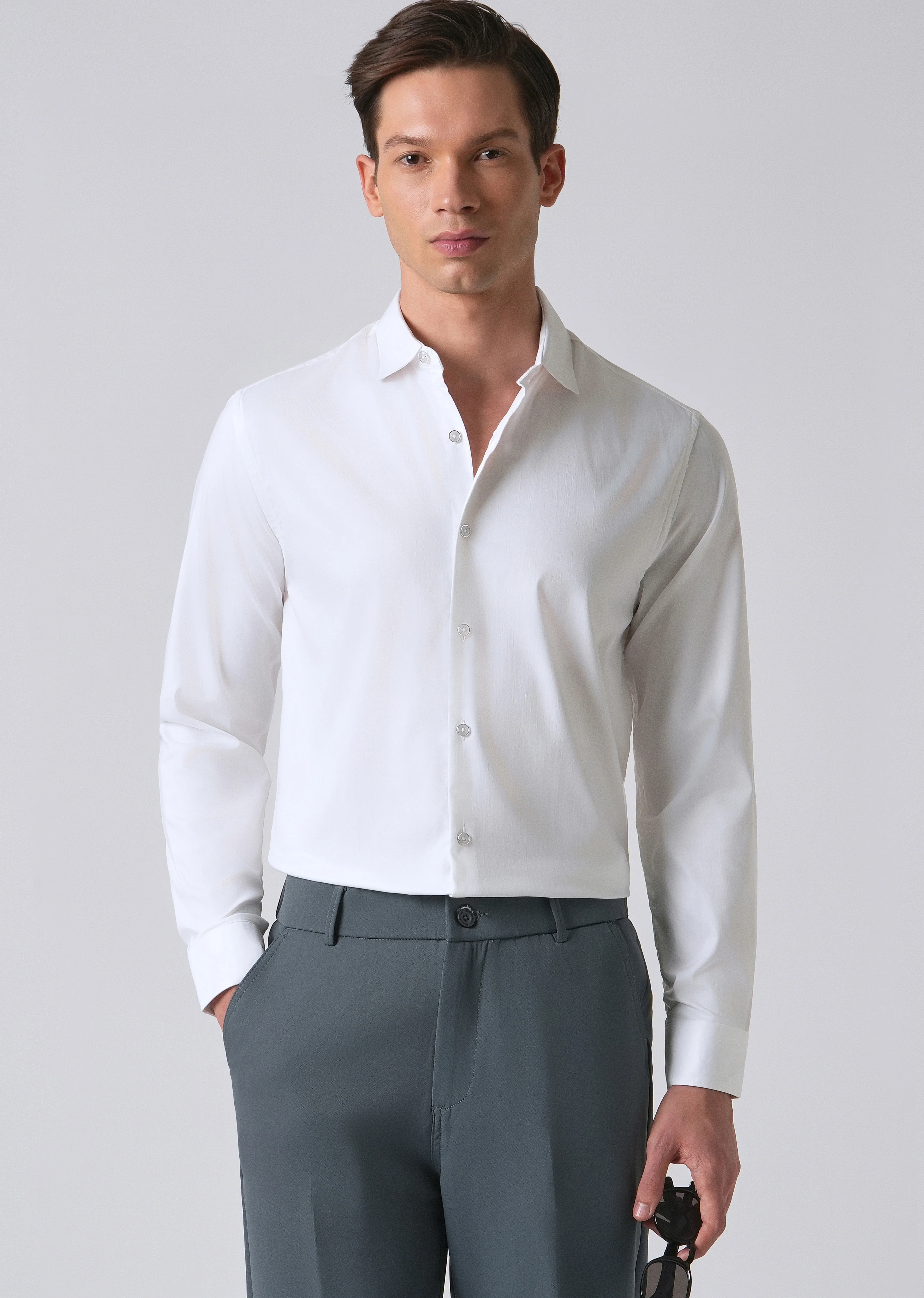 White Cotton Stretch Plain Shirt - Image 7